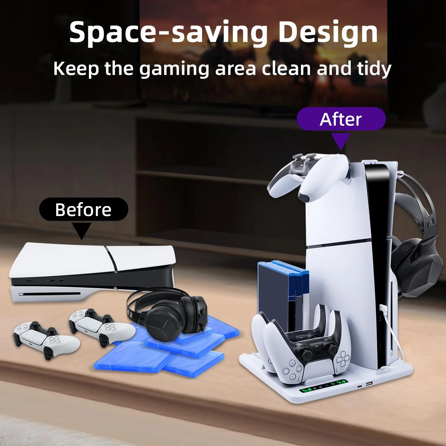 Stazione di Ricarica per PS5 Slim, Doppi Controller con Gancio Cuffie, Raffreddamento per Playstation 5 Slim con 6 Slot Dischi