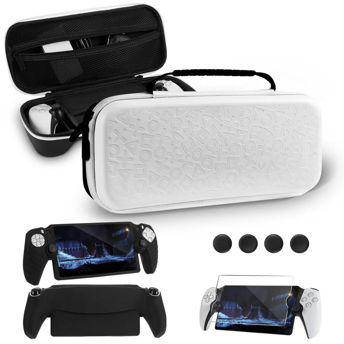 Set di Accessori 8 in 1 Compatibile con Playstation Portal, Custodia Rigida con Copertura in Silicone per PS5, Protezione Schermo e 4 Tasti da Pollice, Nero e Bianco