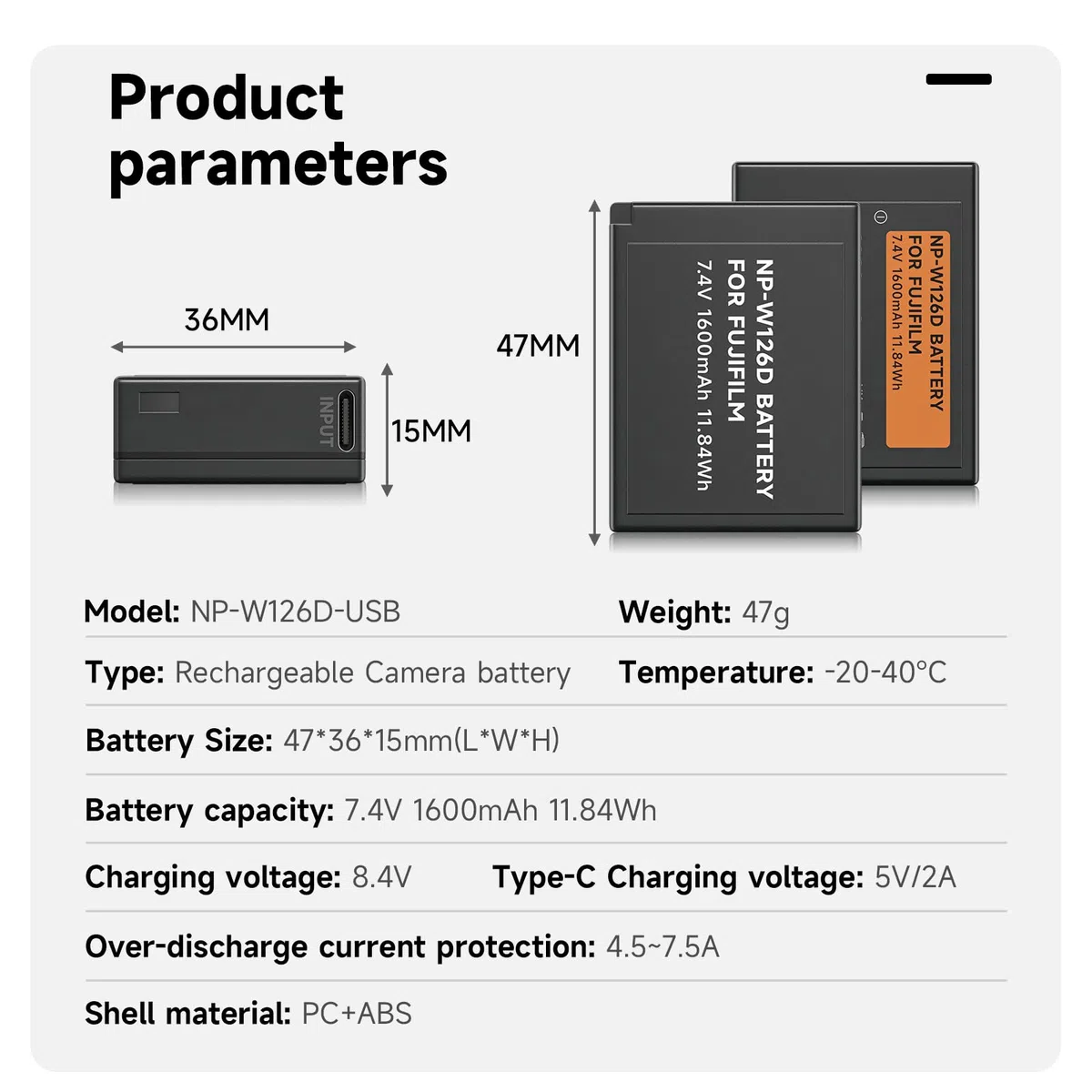 Confezione da 3 batterie NP-W126S 1600 mAh USB Type-C, compatibili con Fuji X-T100,X-T200,X100F,X100V,X-S10,X-A5,X-A10,X-E3,X-E4,X-Pro2,X-Pro3,X-T1,X-T2,X-T3,X-T10,X-T20,X-T30,X-T30 II