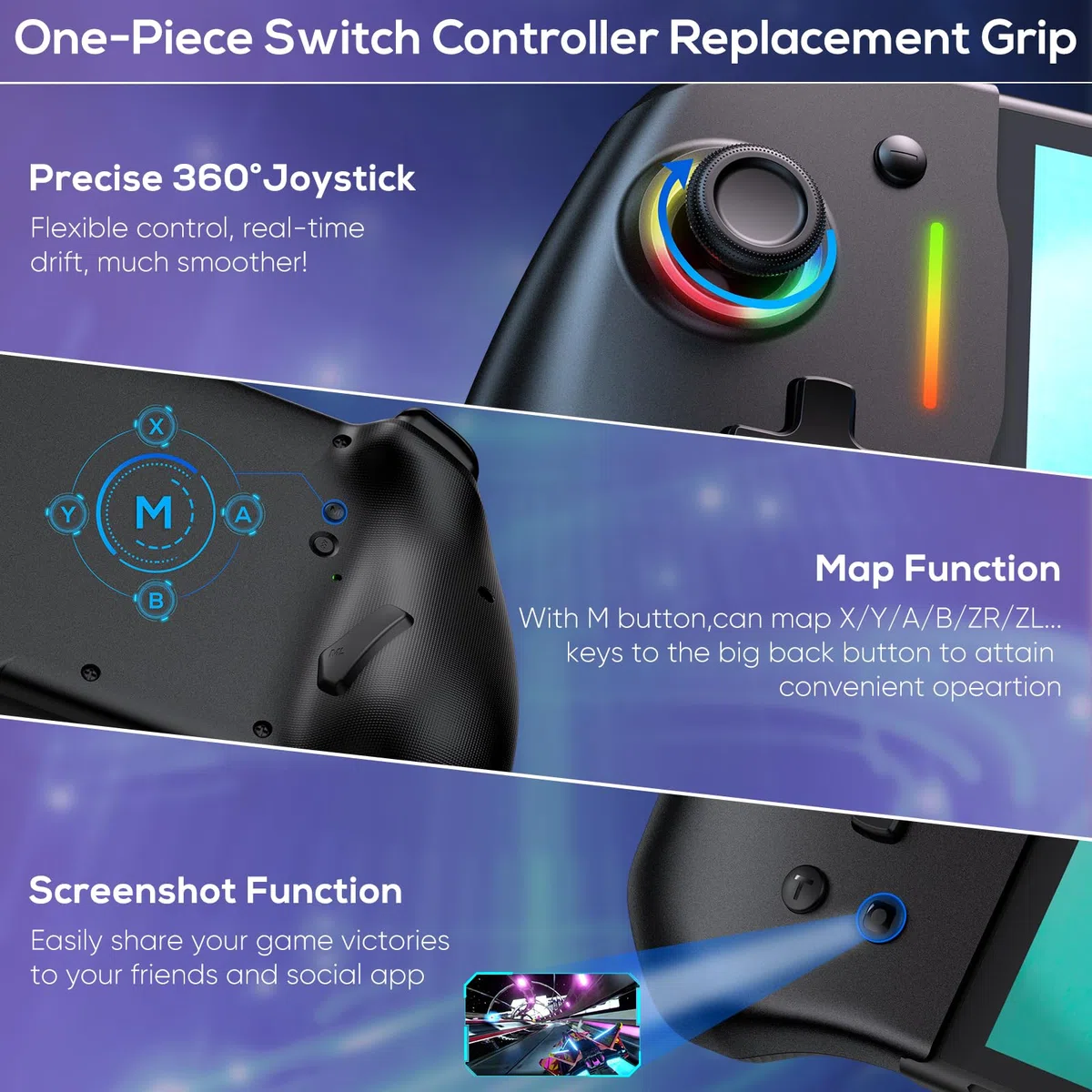 Controller per Nintendo Switch/OLED, RGB Monoblocco Joypad per Joy-Con con TURBO Regolabile, Dual Motor Vibration, Pro Controller per Gaming