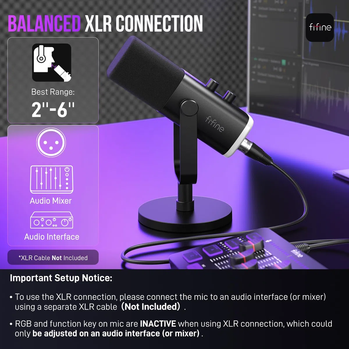 FIFINE Microfono dinamico USB/XLR per la registrazione di podcast, microfono per PC e videogiochi in streaming con luce RGB, pulsante mute, jack per cuffie, supporto da tavolo, microfono vocale per