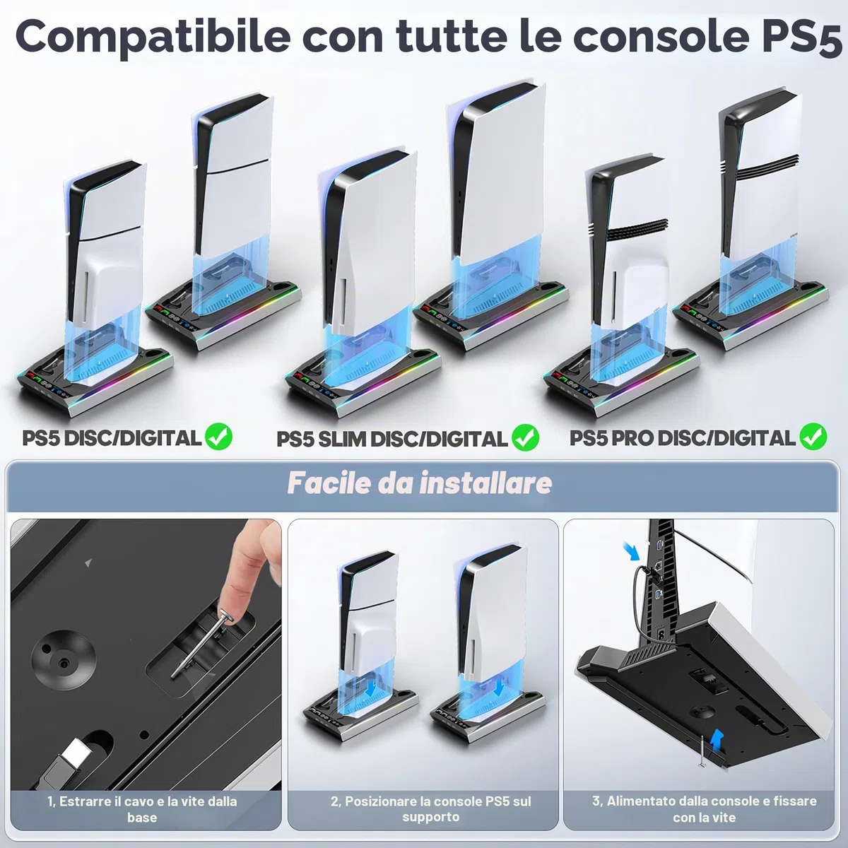 Tokluck Supporto PS5 con Ventola di Raffreddamento Automatica, Base PS5 Slim con Controllere di Ricarica PS 5, Stazione Ricarica Controller PS5 per Controllere P5 & Edge & PRO, Accessori P5/Slim