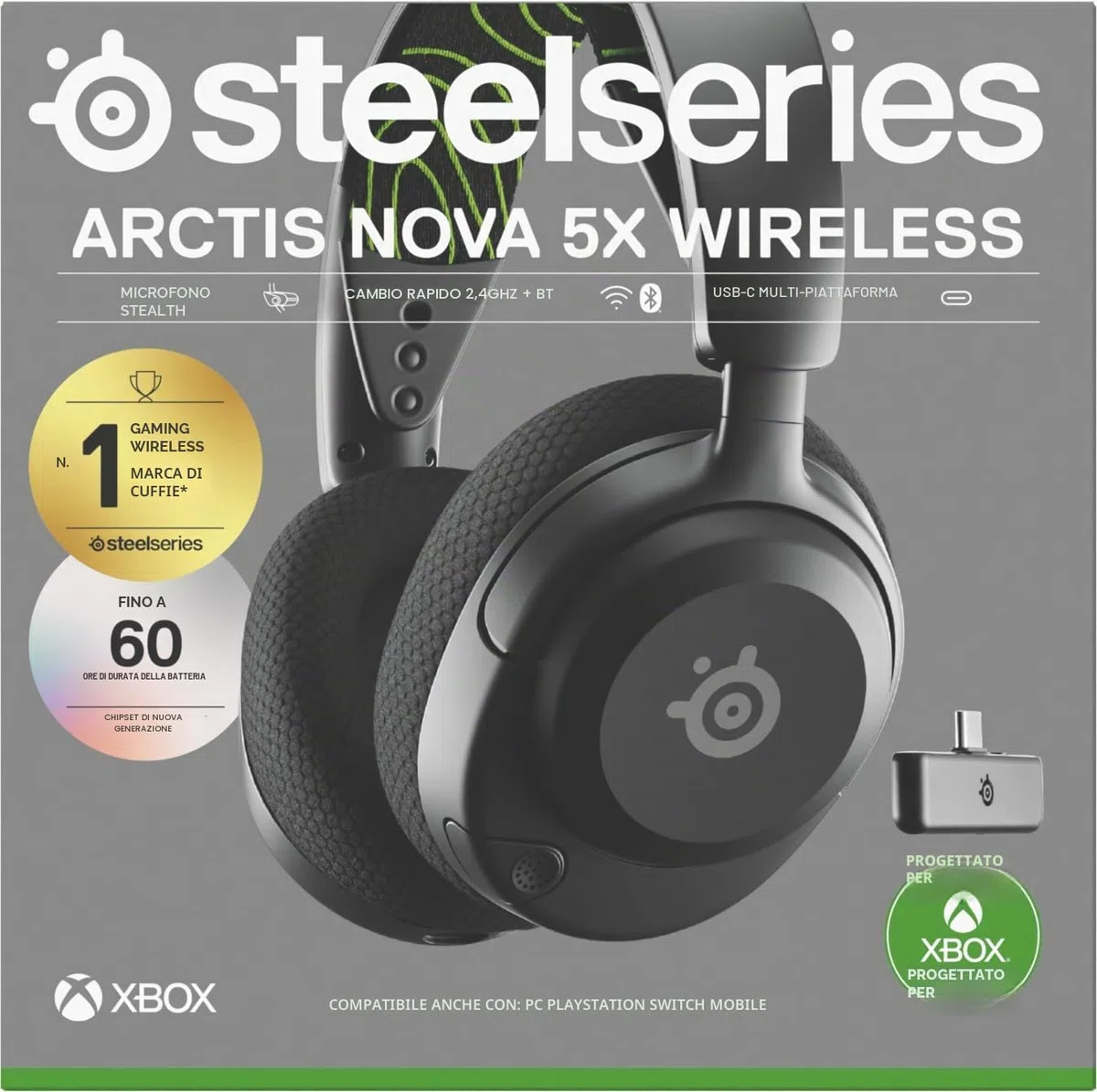 SteelSeries Arctis Nova 5X Cuffie Xbox Wireless Driver Magnetici Neodimio 100+ Preset Audio Batteria 60HR 2.4GHz BT Microfono ClearCast Gen2.X Xbox PS5 PC Cellulare