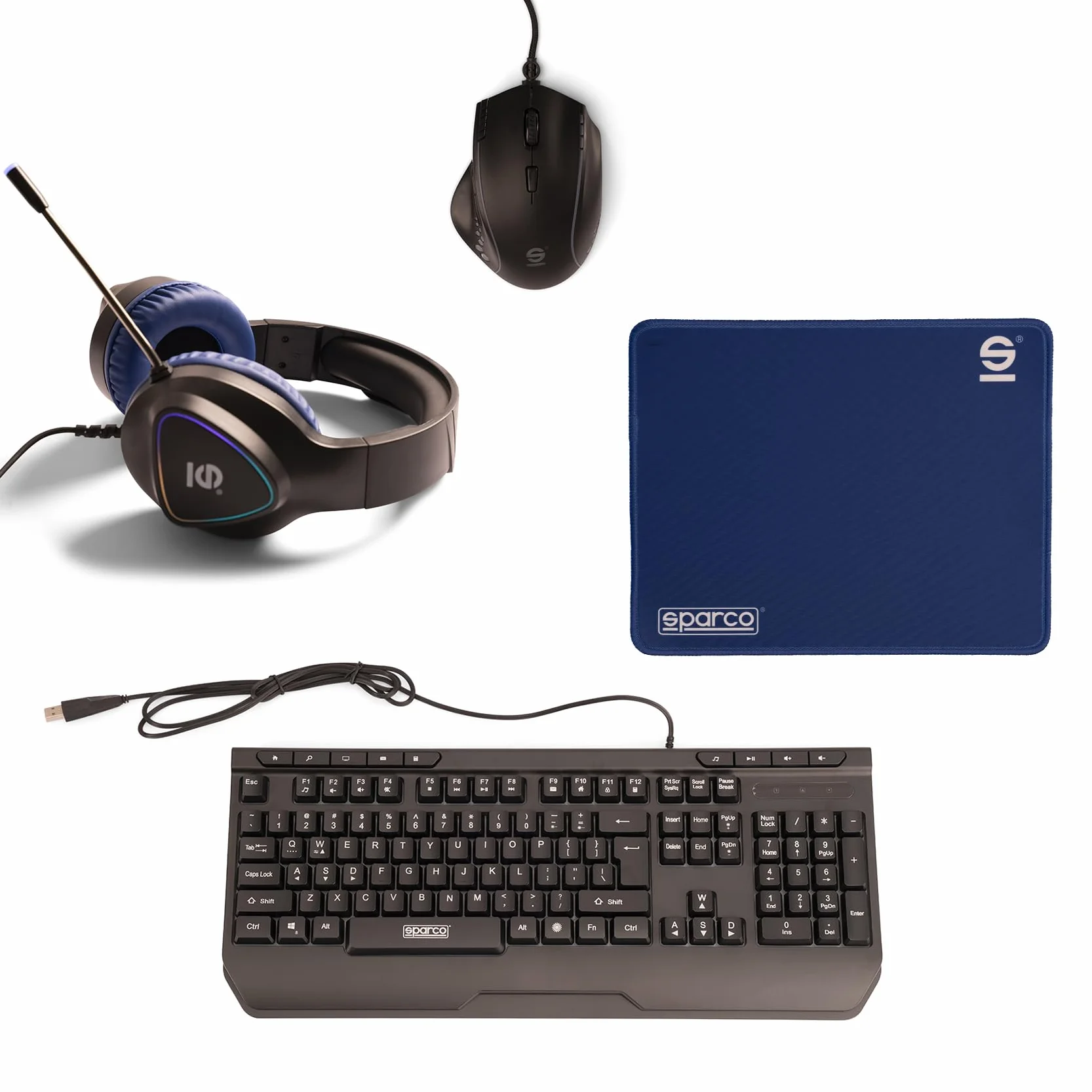Celly, Kit Gaming Pole Position Linea Sparco, Kit con Tastiera Gaming Retroilluminata, Mouse Gaming con Luci RGB, Cuffie a Filo con Luci a LED Rainbow e Microfono, Tappetino per Mouse Antiscivolo