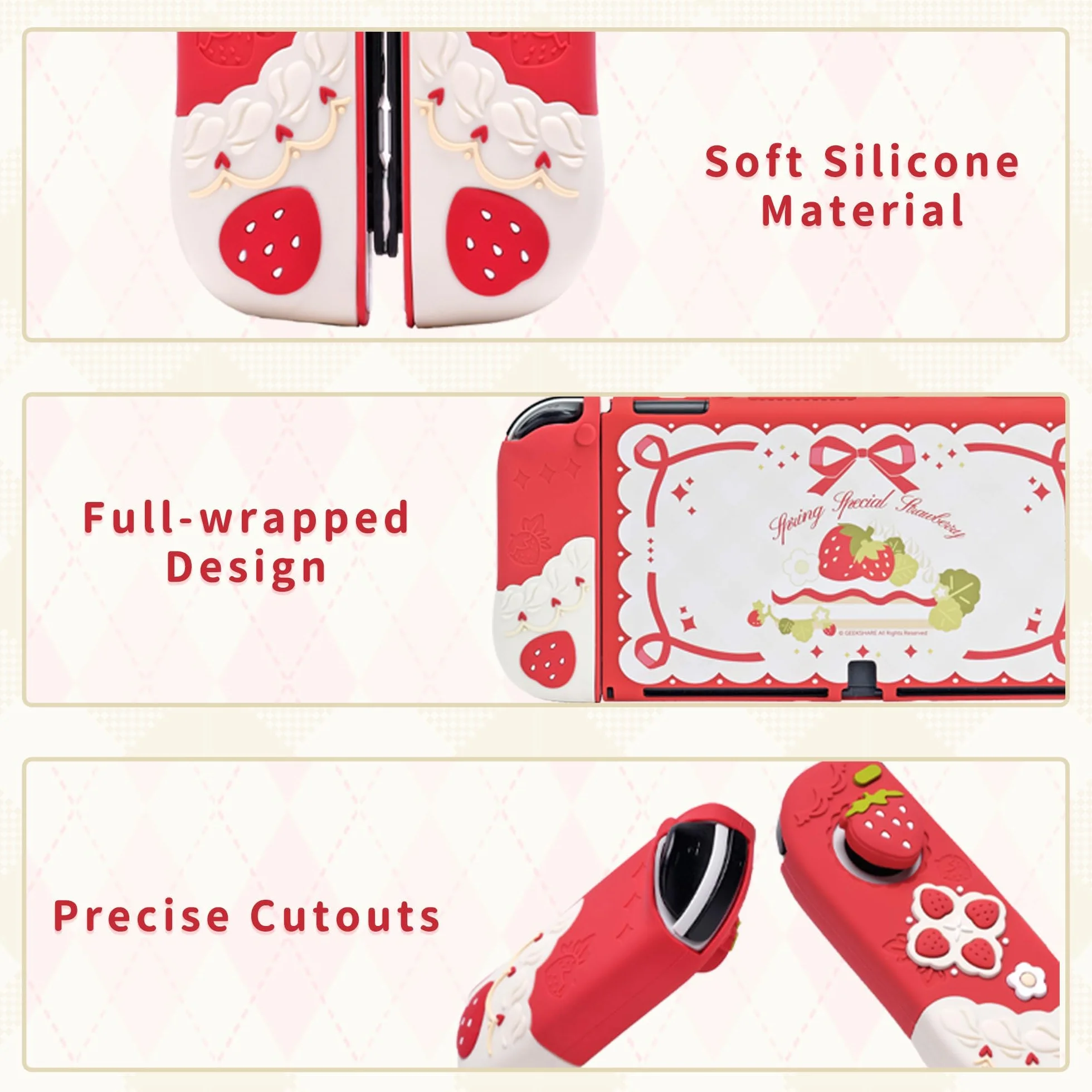 GeekShare Cover protettiva in silicone per Switch OLED, antigraffiti, sottile, compatibile con Switch OLED, cover protettiva separabile con 2 cover per filtro, fragole con panna