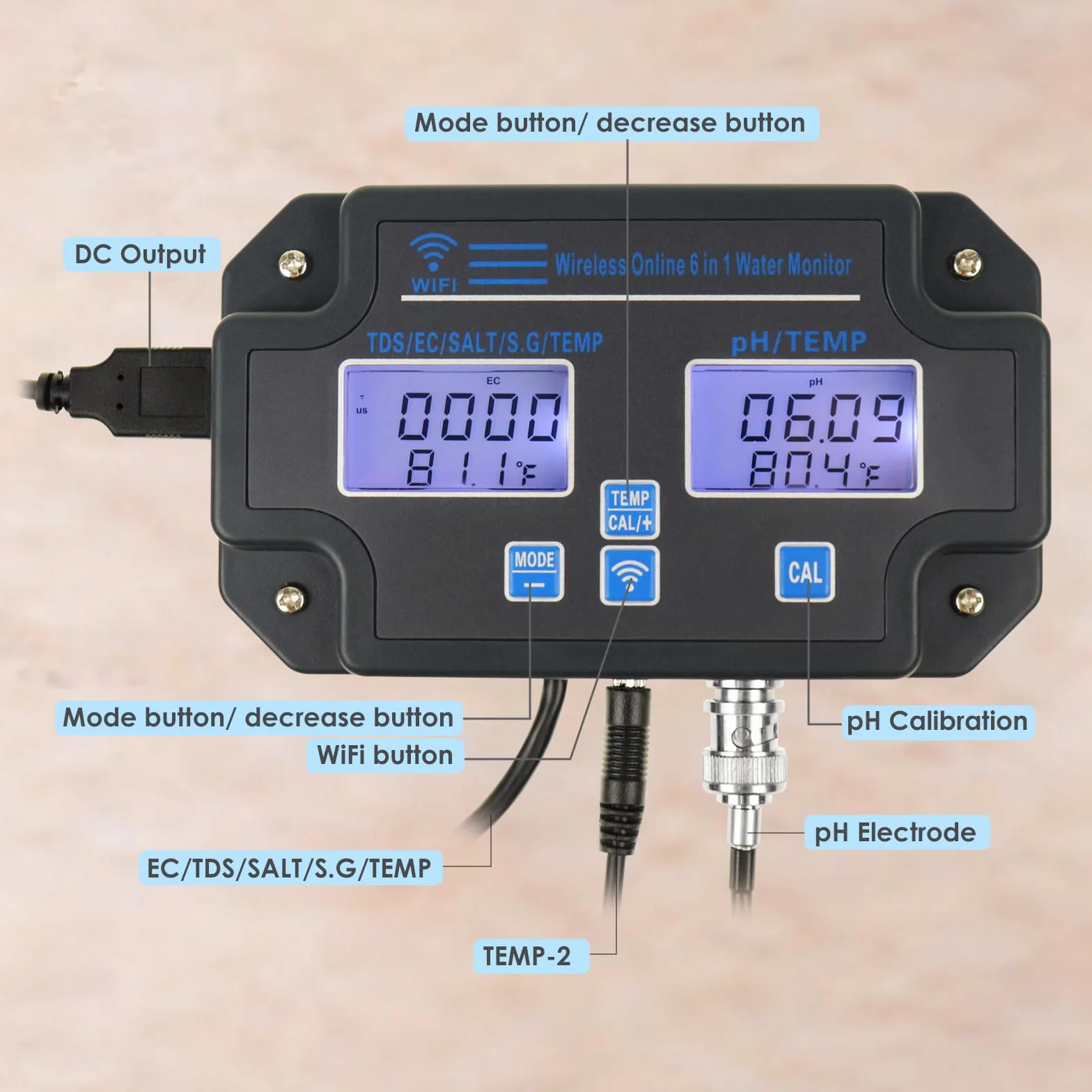 Monitor EC pH per Idroponica, Tester della Qualità dell’Acqua 6-in-1 con Wi-Fi, Misuratore di pH, Monitoraggio Continuo di pH, PPM, EC, CF, Umidità e Temp per Sistemi di Coltivazione Indoor DWC