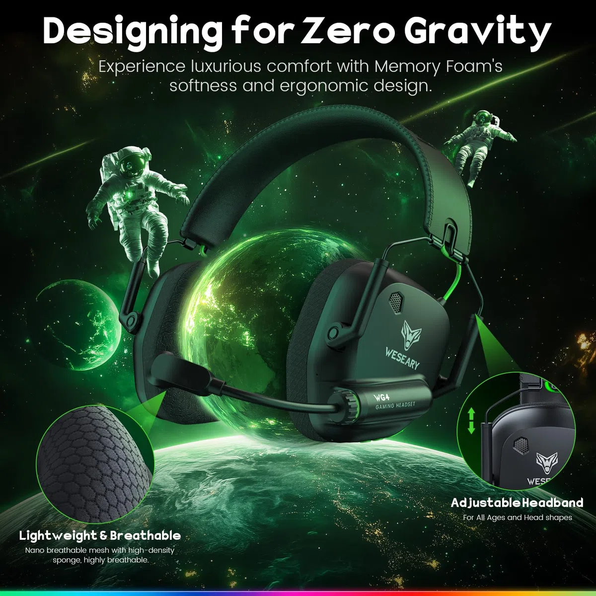 WESEARY WG4 Cuffie Gaming Wireless 2,4 GHz con Microfono per PS5 PS4 PC Switch Mac Mobile Stereo Bluetooth Over Ear LED Batteria 45 Ore