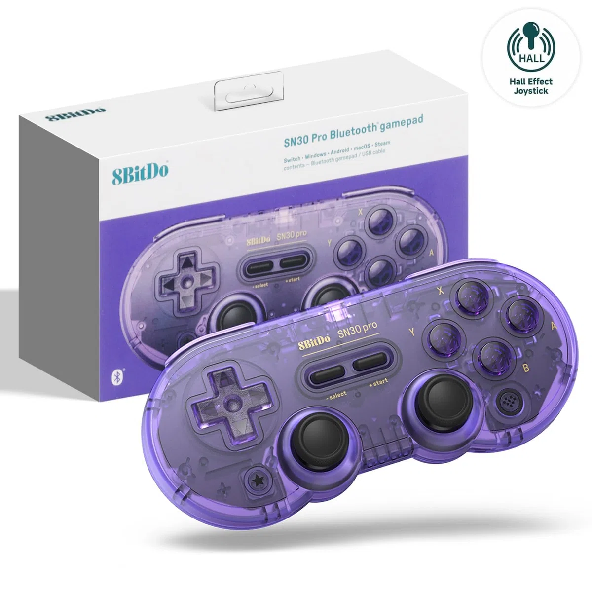 8Bitdo Controller di Gioco Bluetooth SN30 PRO Compatibile con Switch PC, Aggiornamento Joystick Effetto Hall, Gamepad Wireless per PC, Windows, Android, macOS, Steam, Raspberry Pi (Viola Trasparente)