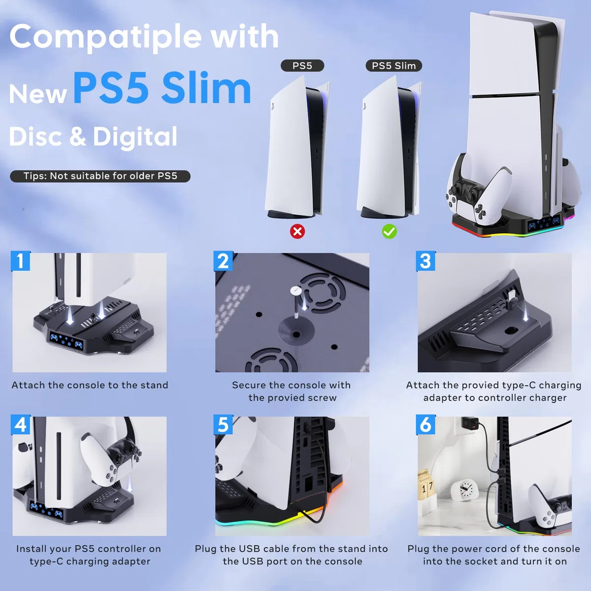 Supporto PS5 Slim con Ventola di Raffreddamento Compatibile con Playstation 5 Slim Console Disc & Digital, Stazione Ricarica Controller per PS5 e Edge, Accessori Base PS5 Slim con Luce RGB