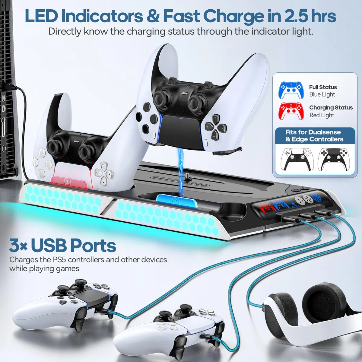 KDD Supporto PS5/PS5 Slim Con Ventola di Raffreddamento Autoregolante, Base PS5 Slim è di Ricarica Dualsense PS5, Base Verticale PS5 per PS5 Slim/PS5 Digital Edition e Disc Edition