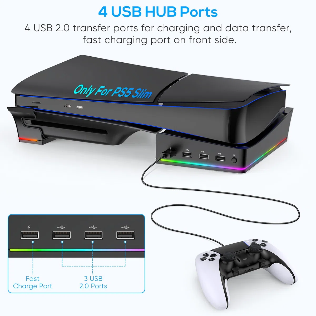 FYOUNG Supporto orizzontale aggiornato per PS5 Slim Digital & Disc Edition con 14 luci RGB, base antiscivolo accessori con 4 porte USB - Solo per Playstation 5 Slim 2023 (nero), P5S2B