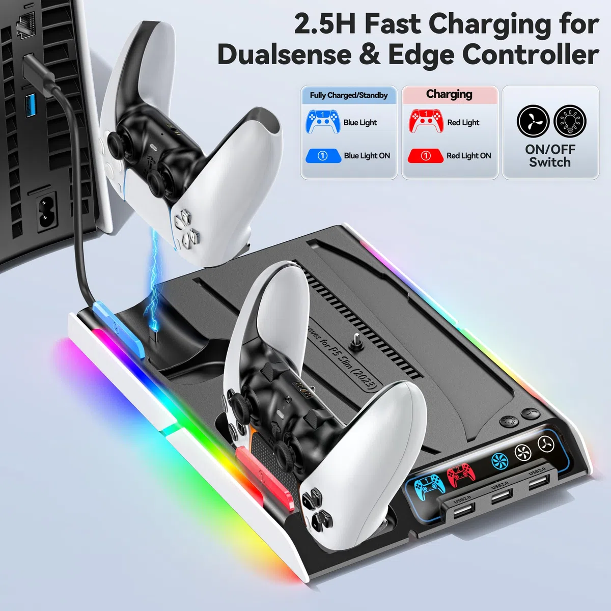 Supporto PS5 Slim con Ventola di Raffreddamento, Staffa per PS5, Base Ricarica Controller PS5, PS5 Accessori per PS5 Slim/P5 Digital Edition e Disc Edition
