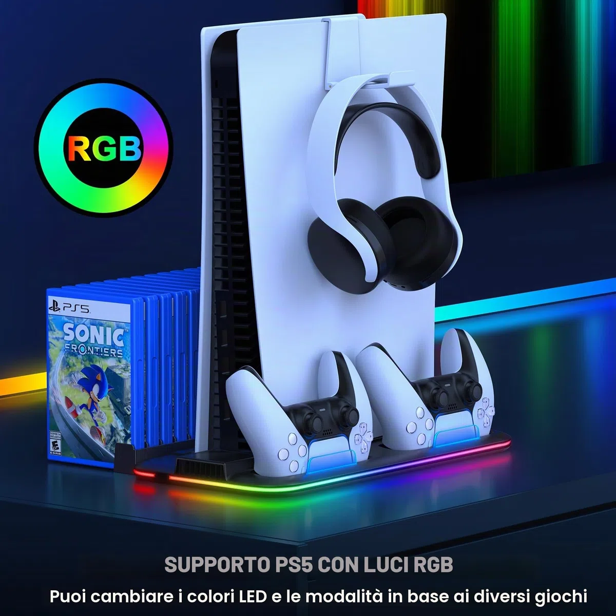 HELLCOOL Base PS5 Slim, Supporto con Ventola di Raffreddamento/Luci RGB/Doppio Ricarica Controller/Supporto per Cuffie/15 Slot di Gioco, Stand per PS5 Disc/Digital Edition