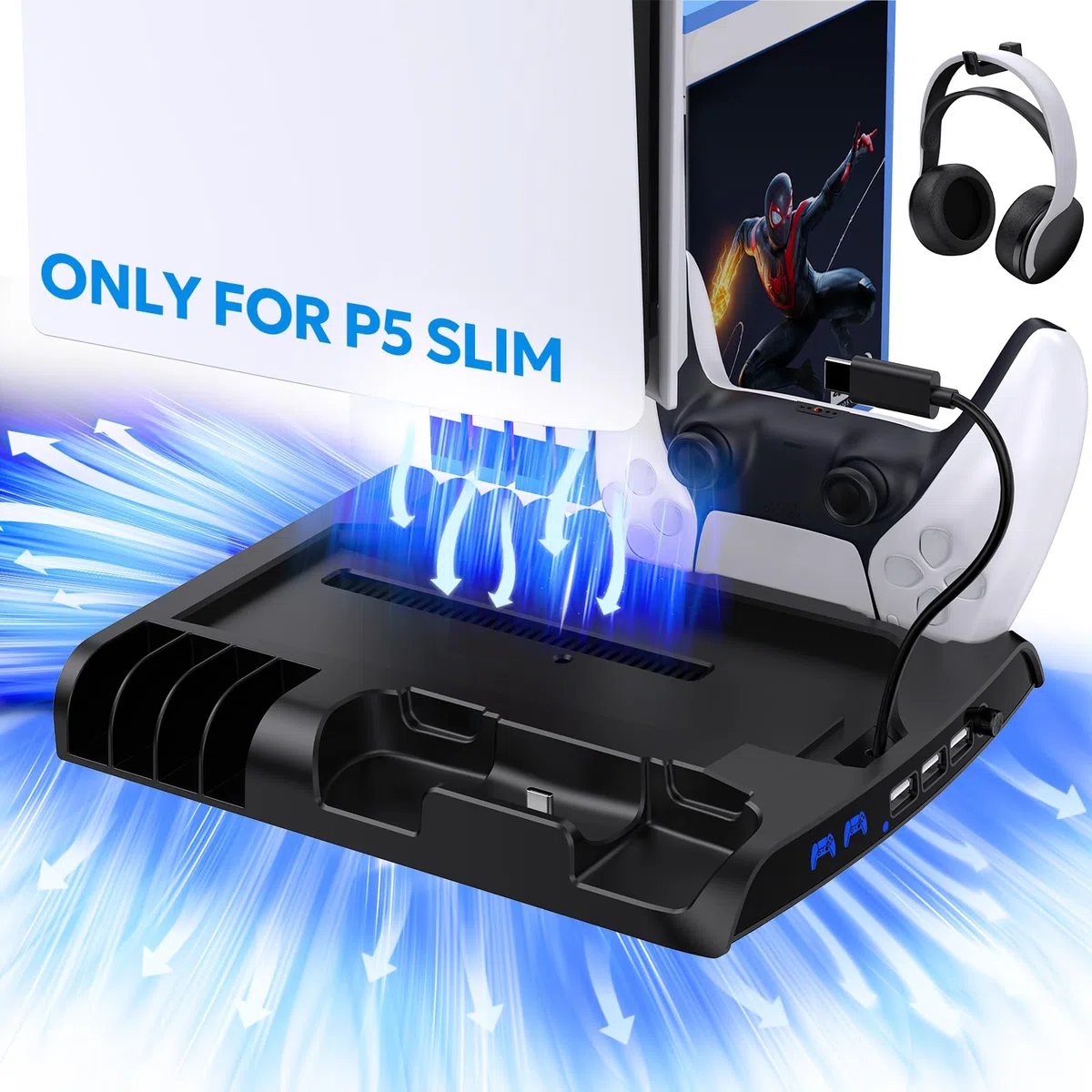 innoAura Supporto di raffreddamento sottile con 2 ventole di raffreddamento e stazione di ricarica per PS-5 Slim Disc e Digital Edition, stazione di raffreddamento PS-5 Slim con 3 porte USB