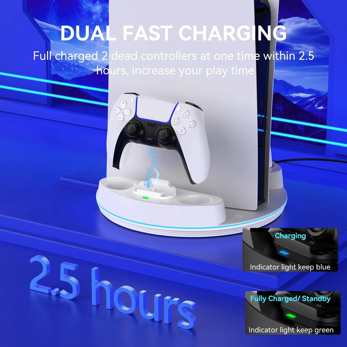 NEWDERY per PS5/PS5 Slim/PS 5 Pro Stand, stazione di ricarica doppio controller con luce RGB per PlayStation 5, supporto verticale per Playstation 5 Digital/Disc Console, bianco