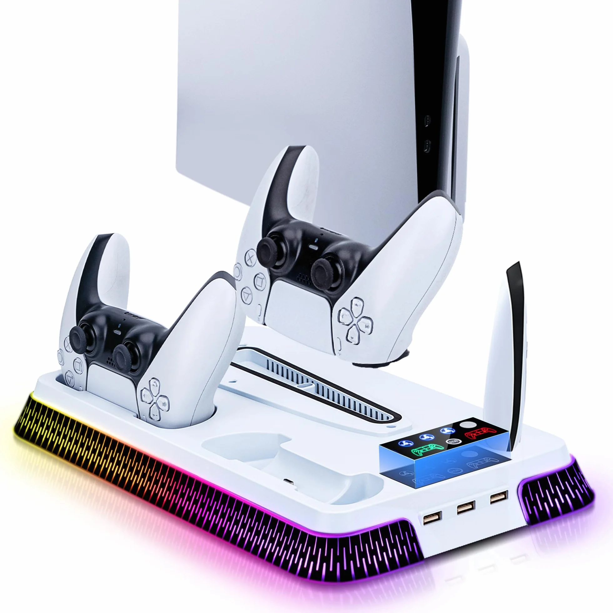 Wigearss Supporto Verticale Raffreddamento PS5/PS5 Slim/PS5 Pro con Doppio Caricatore Controller, Base di Ricarica Joystick PS5 con Ventola Raffreddamento, Illuminazione RGB per PS5/PS5 Slim/PS5 Pro
