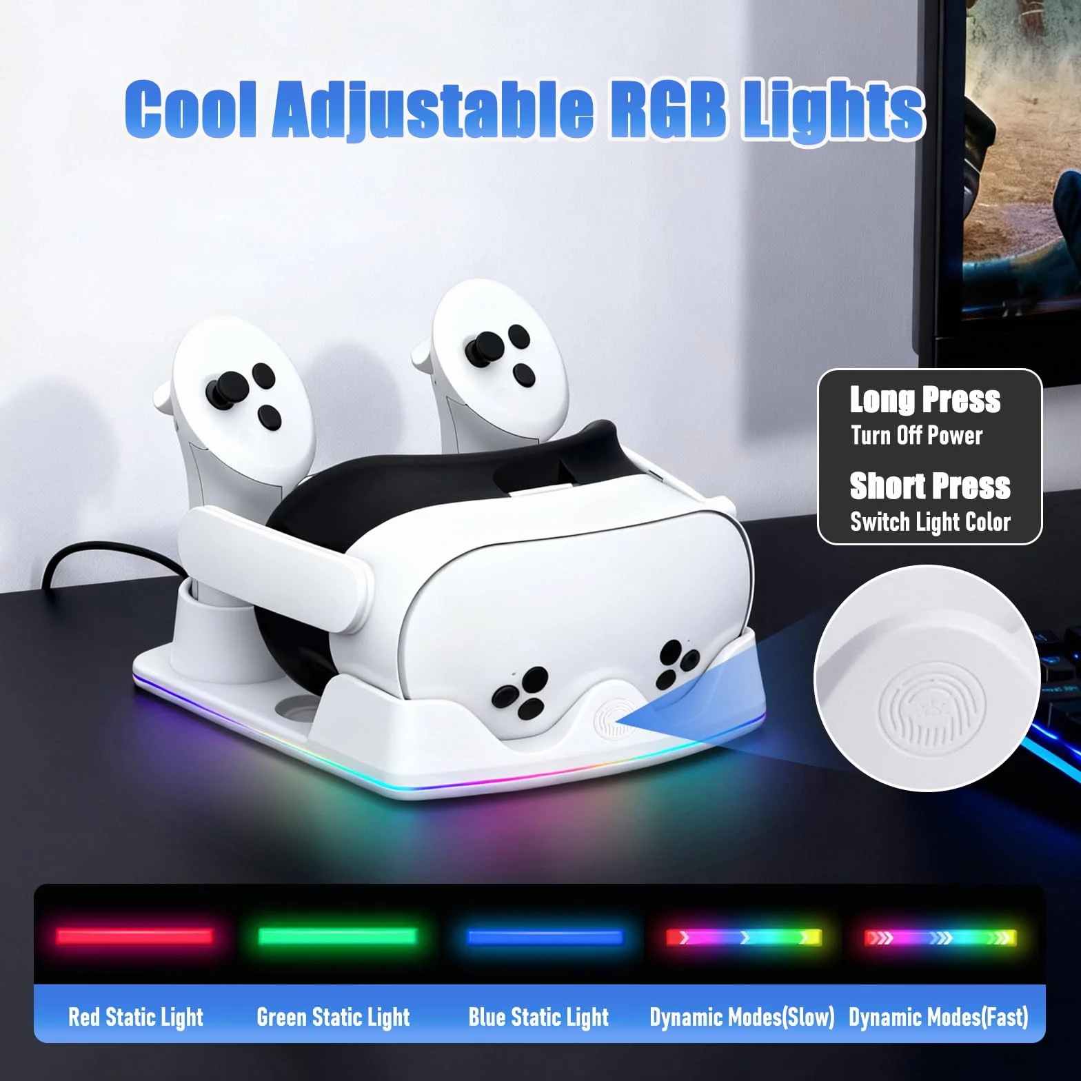 Stazione di Ricarica Compatibile con Meta Quest 2/3/3S, Dock di Ricarica Rapida per Quest 3 con Luci RGB, Caricatore per Cuffie VR, Accessori VR