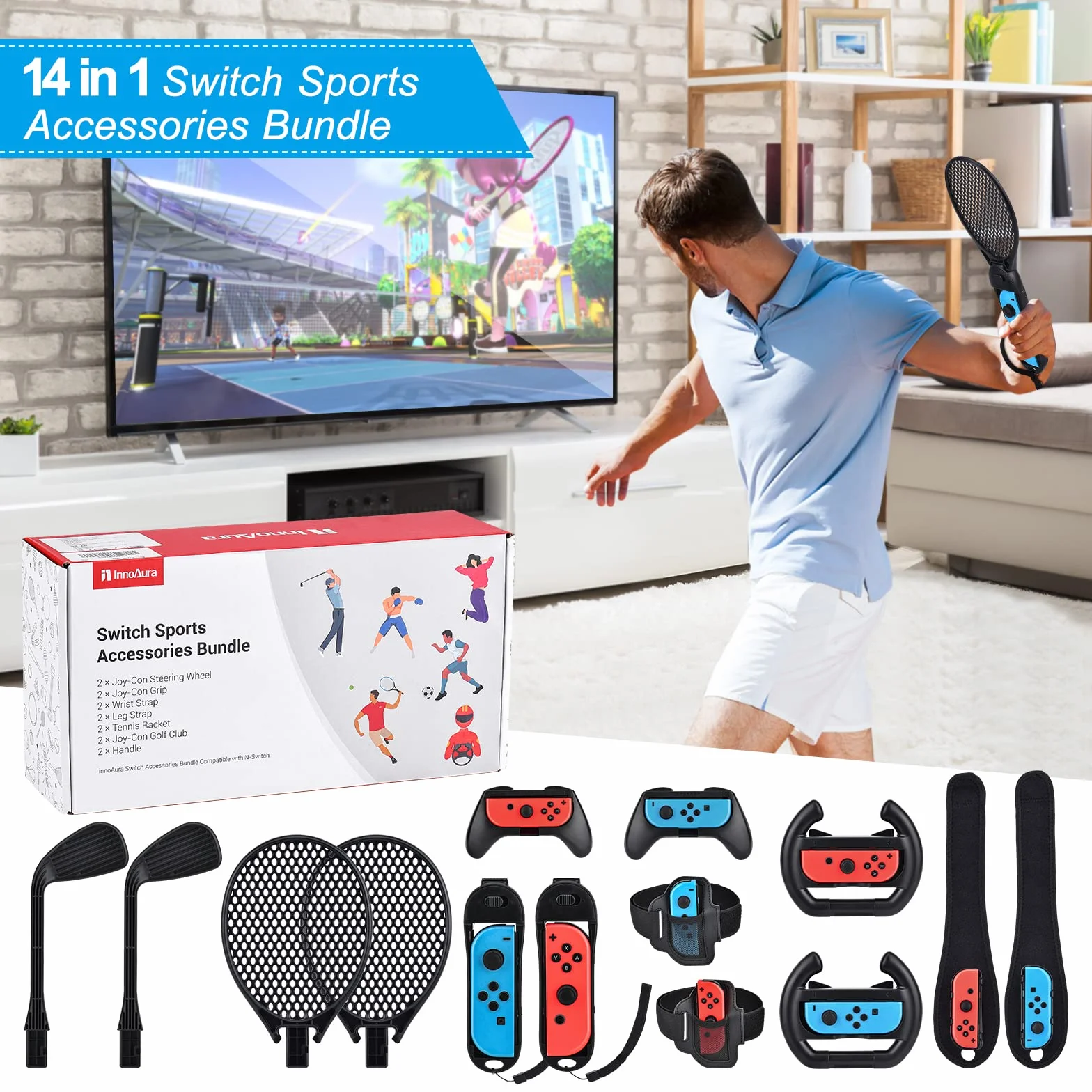 14 in 1 Switch Sports Accessori Bundle, innoAura Switch Sport Bundle con Switch Volante,Impugnatura Joycon,Racchetta Tennis,Glof Club,Cinturino polso,Cinturino gamba compatibile con Switch/Switch OLED