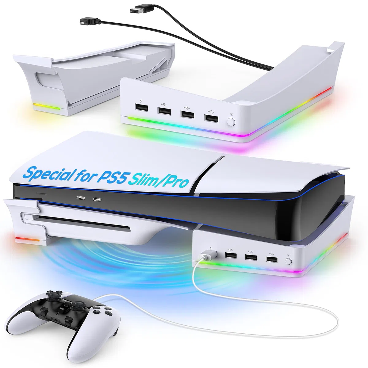 Supporto orizzontale RGB per PS5 Pro/PS5 Slim con 4 porte USB