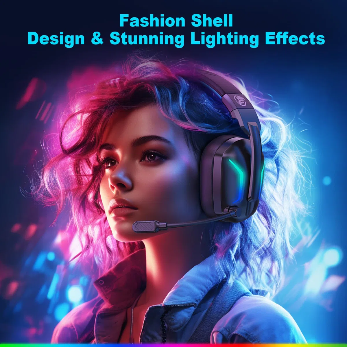 Fachixy FC300 Cuffie Gaming Wireless Per PC, PS5, PS4, Mac - 2,4 GHz e Bluetooth senza perdite - 50 ore di batteria, driver da 50 mm, luci RGB, audio spaziale, Blu