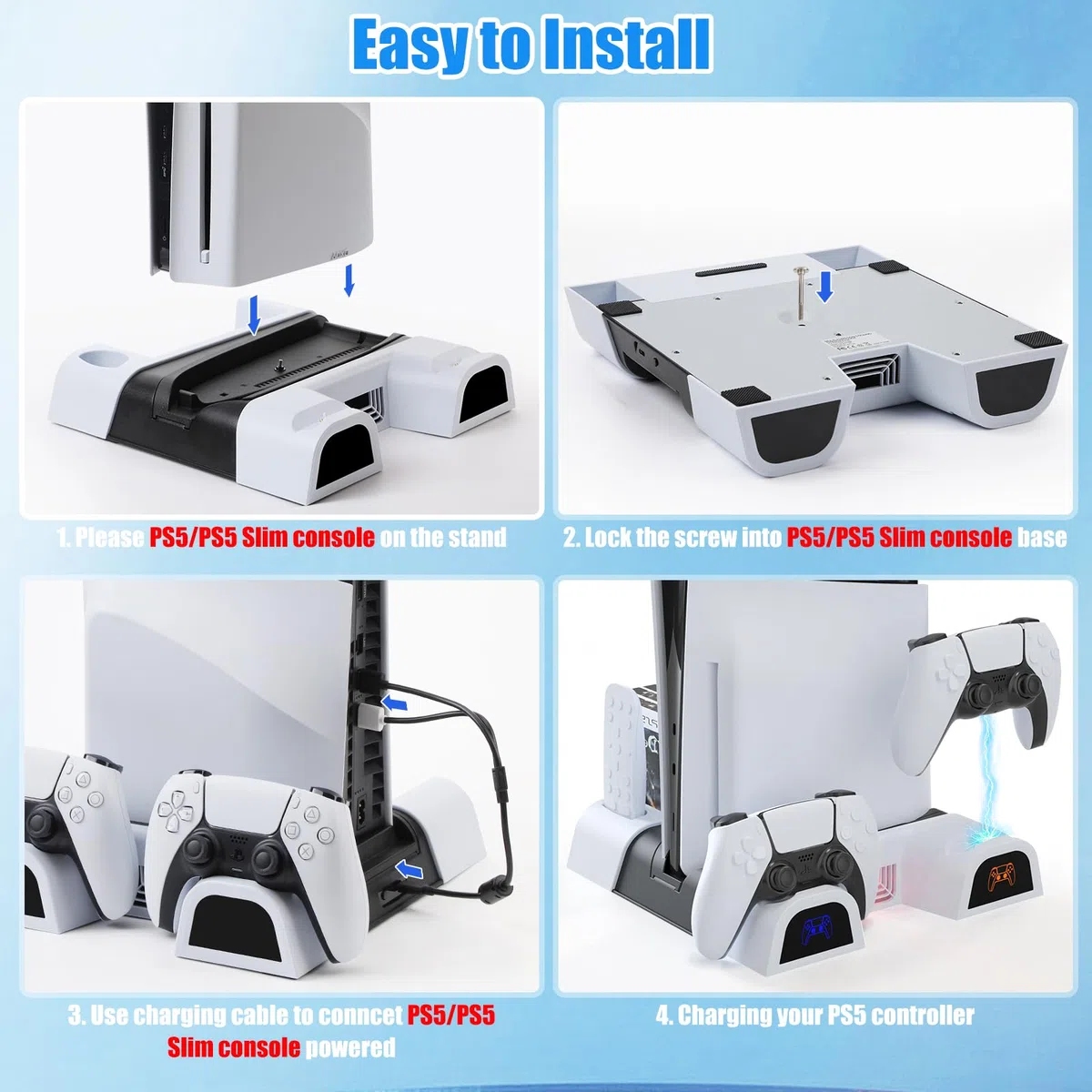Supporto PS5/PS5 Slim con Ventola di Raffreddamento e Ricarica Controller PS5, PS5/PS5 Slim Supporto Verticale Compatibile con PS5/PS5 Slim con Indicatore di LED