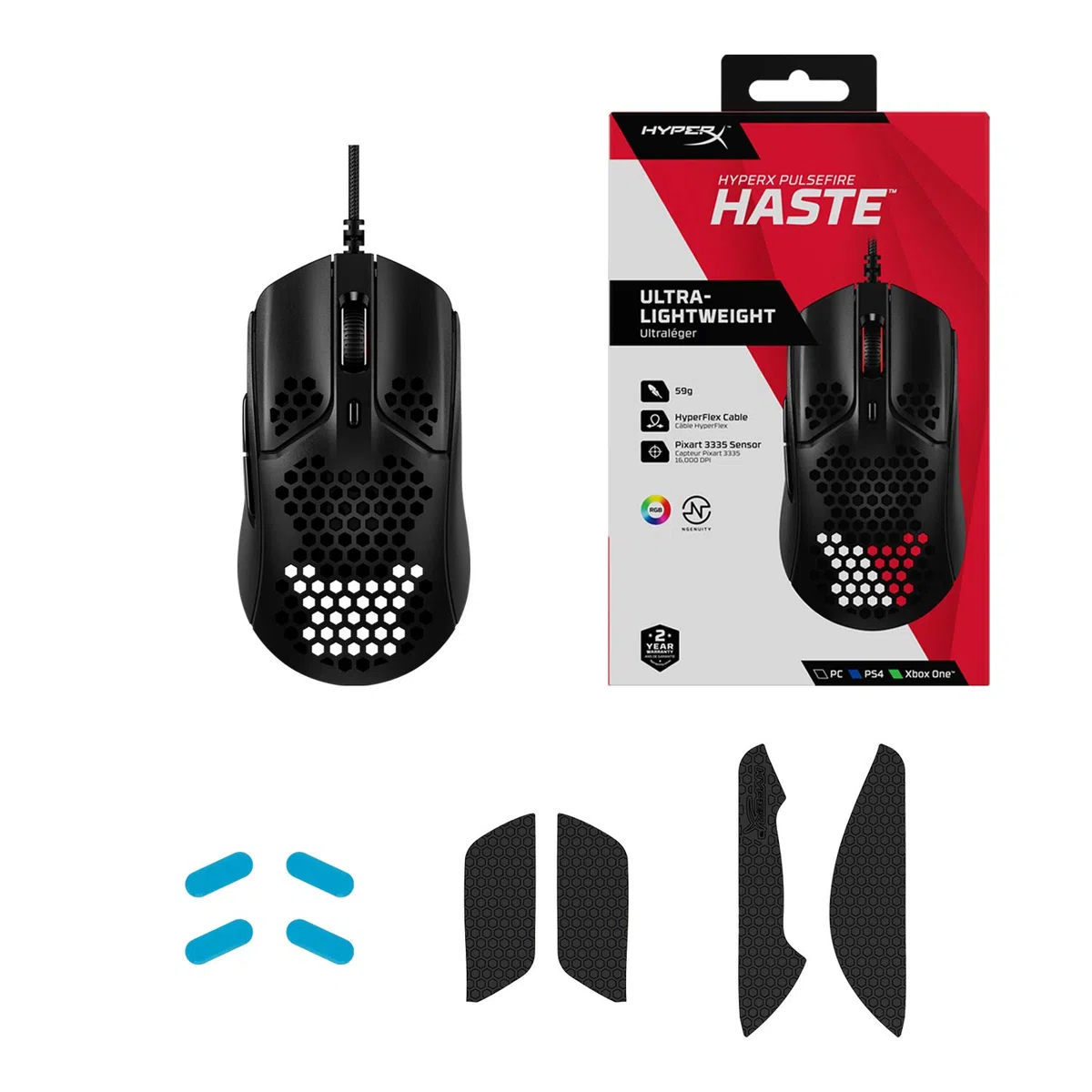 HyperX Pulsefire Haste, Mouse Gaming Cablato, Illuminazione RGB, 6 Tasti Programmabili, 16000 DPI, Resistenza fino a 60 Milioni di Clic, Cavo HyperFlex, Compatibile con Diverse Piattaforme, Nero