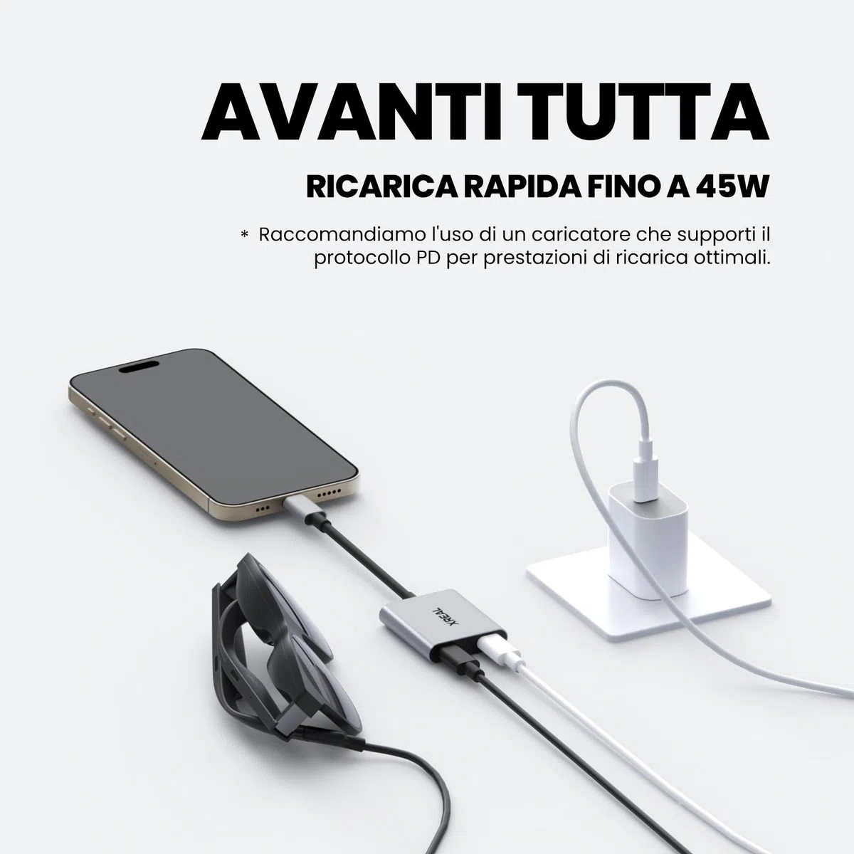XREAL Hub, Power and Play Adattatore, Alimenta AR Occhiali mentre Ricarica il Dispositivo Sorgente, Come Steam Deck, ROG Ally, Switch, iPhone 15 o Android, Supporta 45W Ricarica Rapida e 120Hz