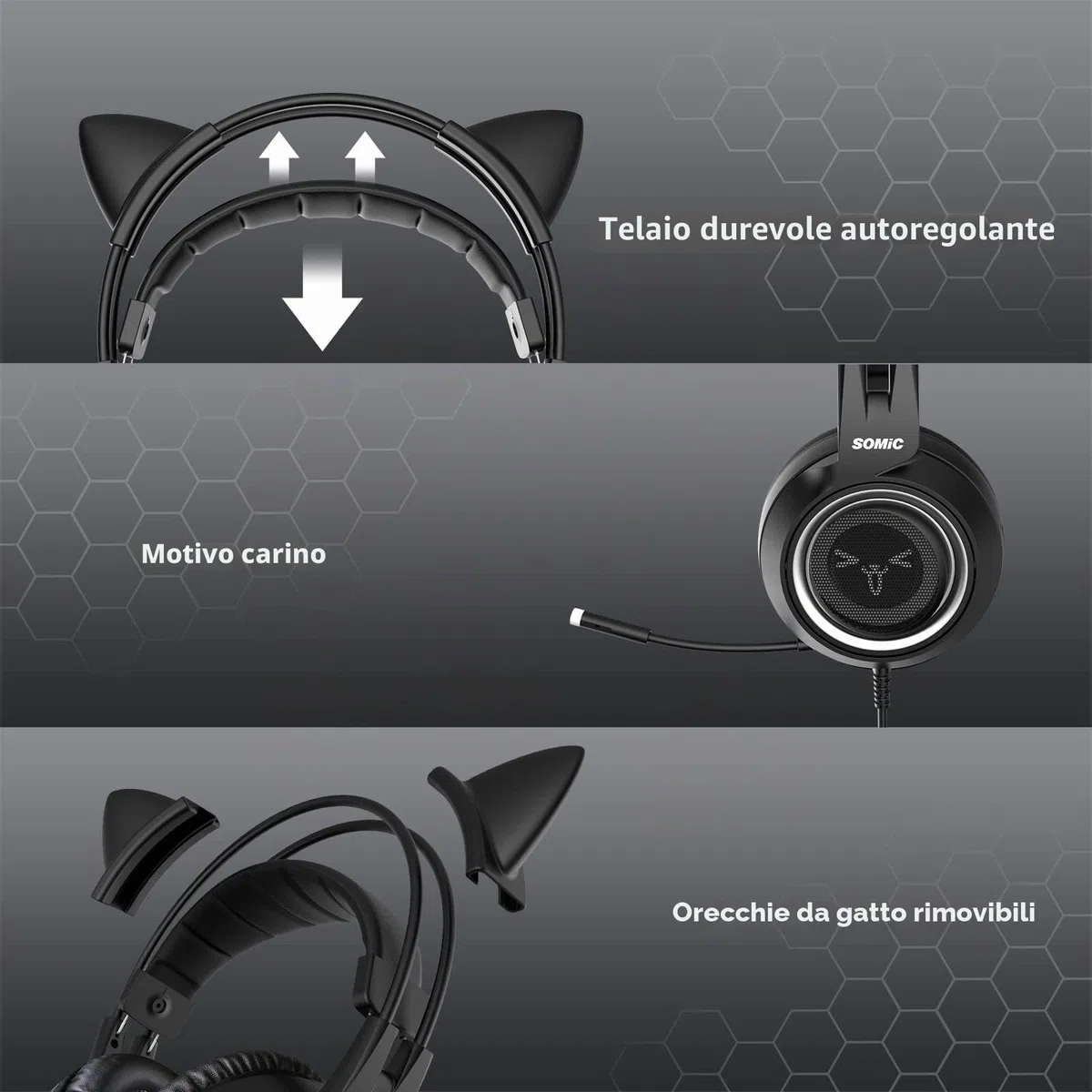 Somic Cuffie da Gioco per Xbox One, PS4, PC, Audio Surround Stereo con Eliminazione del Rumore, Orecchie di Gatto Rimovibili