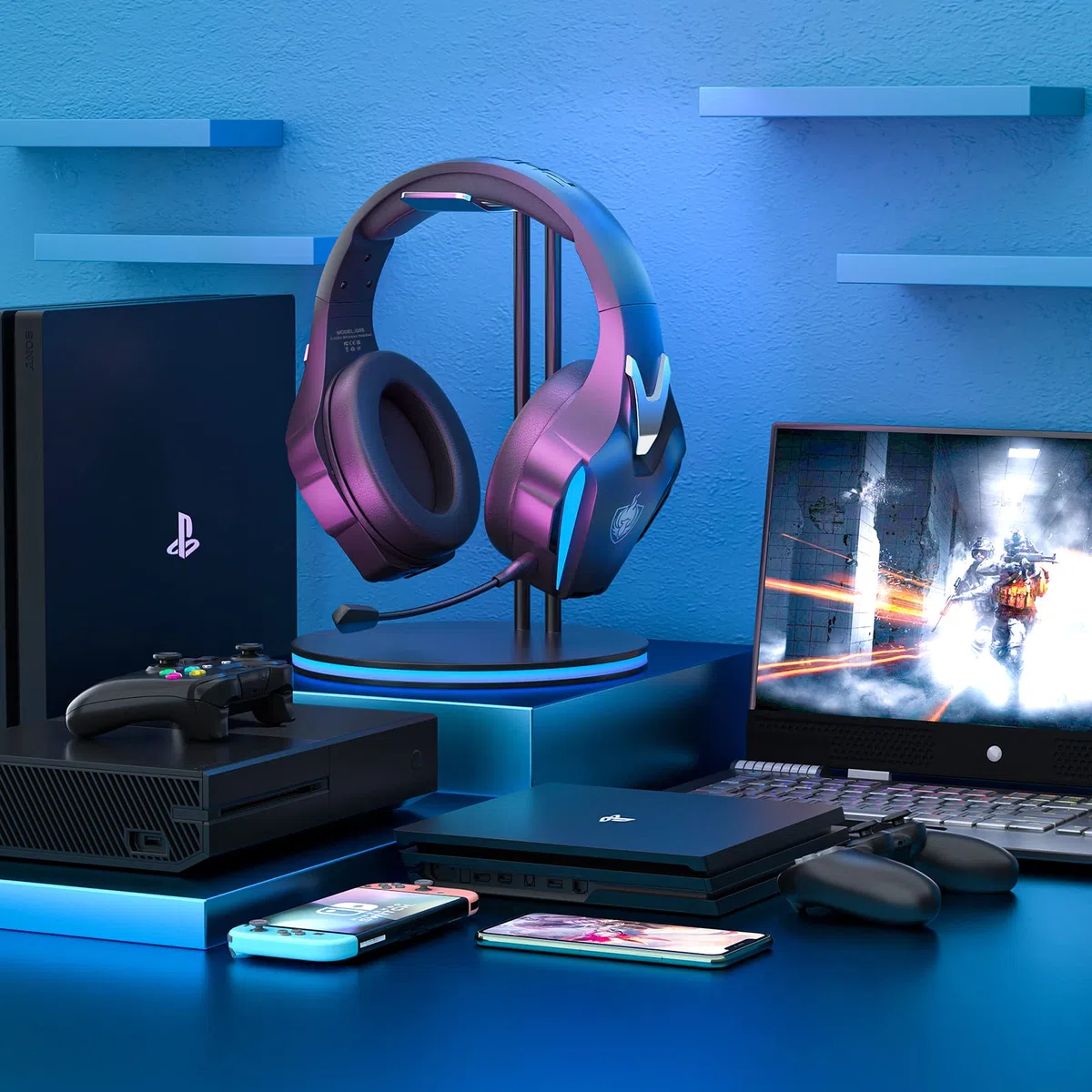 PHOINIKAS Cuffie Gaming Wireless, 2.4GHz Cuffie PS4 Wireless, Dongle USB per PS4/PS5/PC/Switch, Stereo 7.1, Microfono Staccabile con Cancellazione del Rumore, Luci a LED
