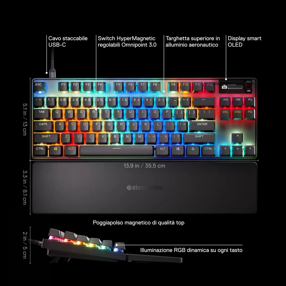 SteelSeries Apex Pro TKL Gen 3 Tastiera Meccanica Gaming HyperMagnetic OmniPoint 3.0 Switch Attuazione Regolabile Innesco Rapido Tocco Rapido SOCD OLED RGB USB-C UK QWERTY