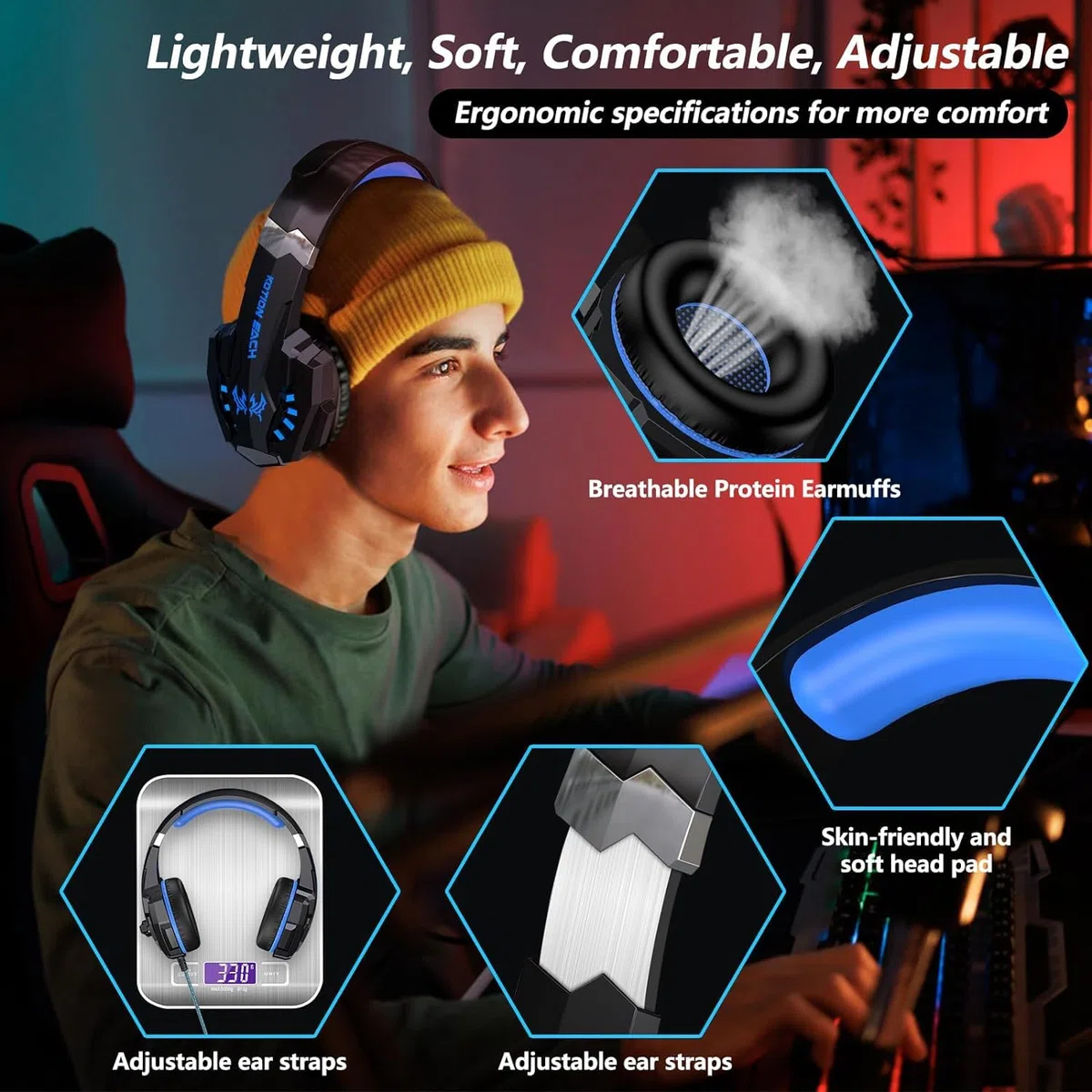 Laspi Cuffie Gaming per PS4 Cuffie da Gaming con Microfono e Bass Stereo Cuffie da Gioco con 3.5mm Jack LED e Controllo Volume Gaming Headset per PS4/Switch/PC/Mac/Laptop/Tablet