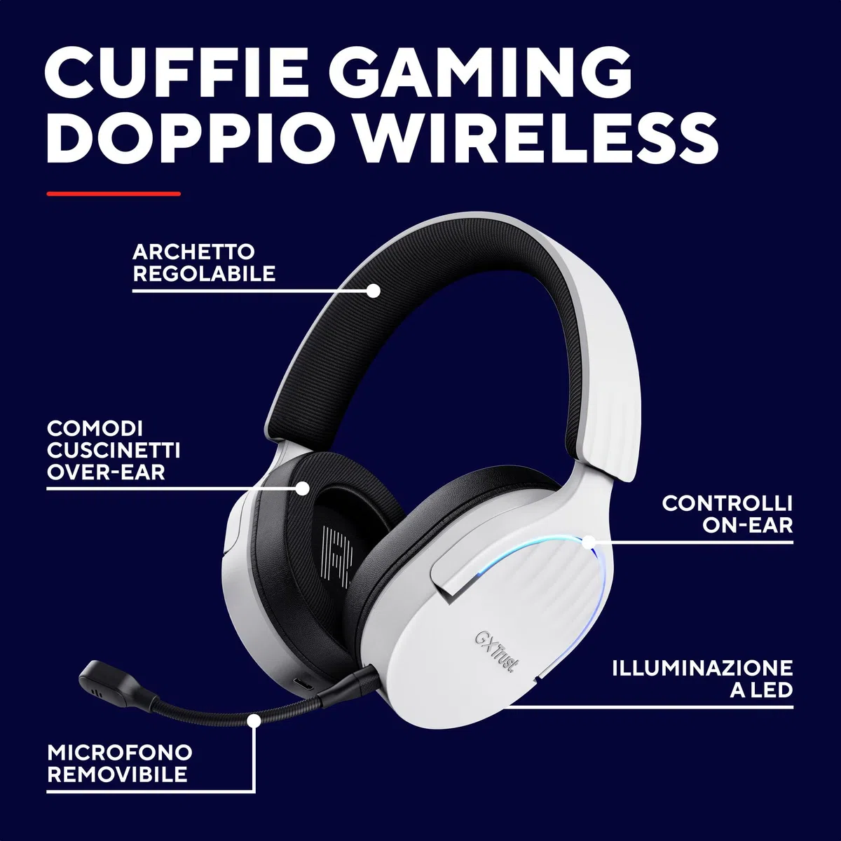 GXTrust 491W Fayzo Cuffie Gaming Wireless Bluetooth + 2.4 GHz, Audio Surround 7.1, Batteria da 22 Ore, 35% Plastica Riciclata, RGB Cuffie Bluetooth Over Ear PC PS5 PS4 Switch - Bianco