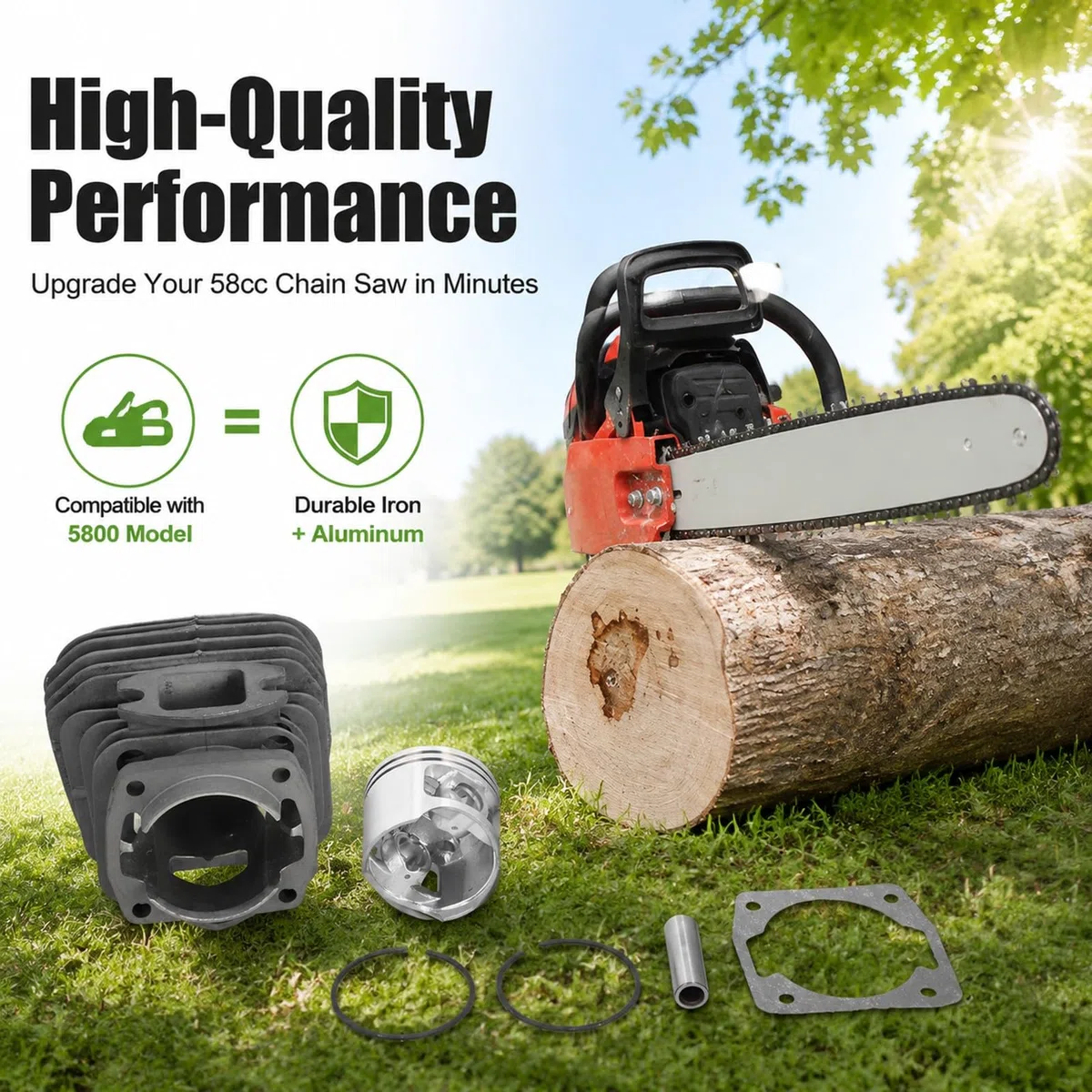 Kit Cilindro e Pistone 45.2mm, Ricambio per Motosega a Benzina 58cc, Anelli e Clip Pin in Ferro e Lega di Alluminio - Alta Durabilità, Resistente all'Usura, Ricambi Universali pe