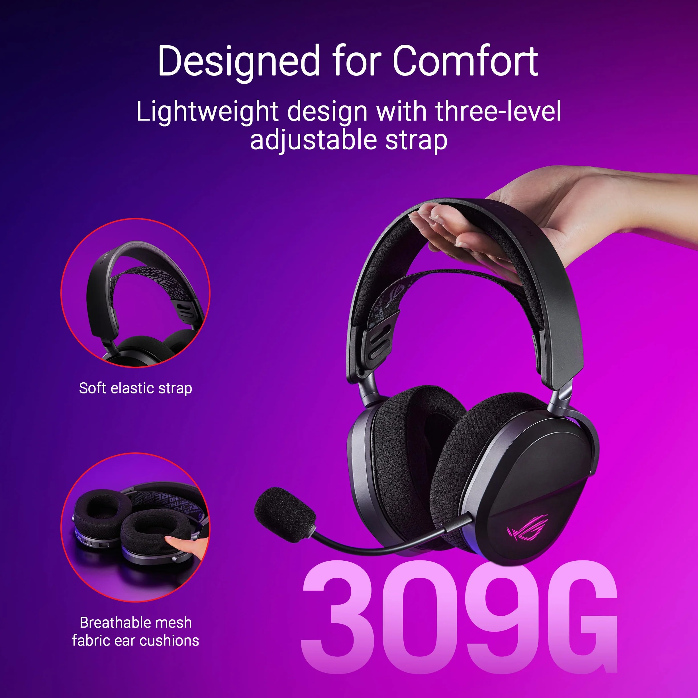 ASUS ROG Pelta, Cuffie da Gaming Senza Fili, Connessione 2.4GHz e Bluetooth, Audio Ampio, Autentico e Preciso, Driver Placcati in Titanio da 50mm, Per PC, Mac, PS, Switch, Android, Nere