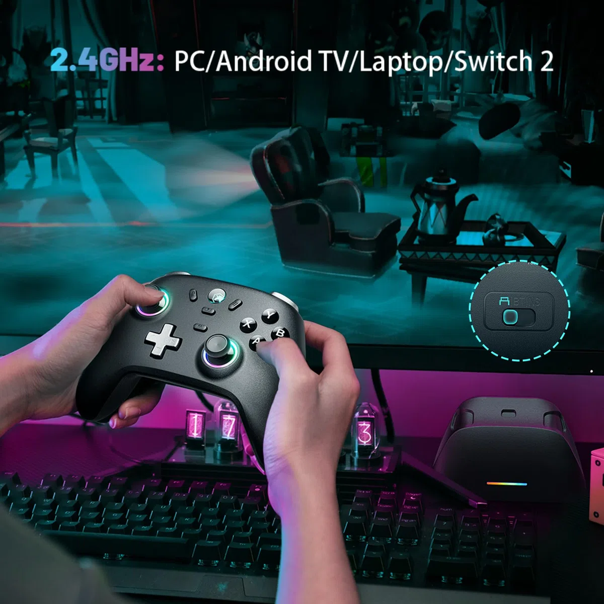 Controller Gaming per PC/Switch con Base di Ricarica, 1000Hz, Hall Joystick, 2.4GHz/BT/Cavo, 800mAh