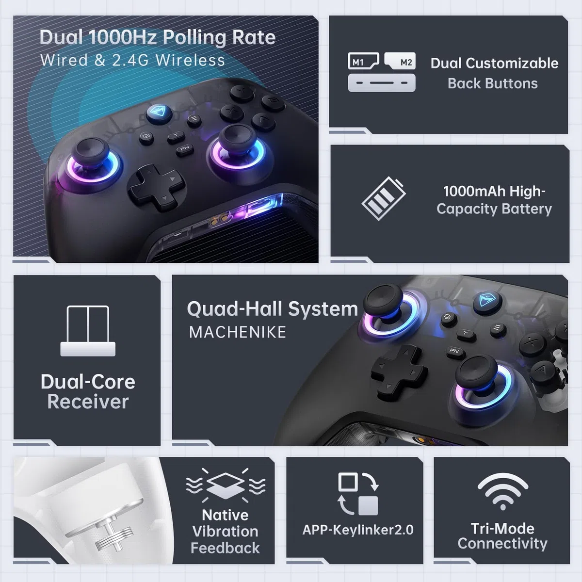 Machenike G3V2 Controller per PC/Switch/iOS/Android - Joystick ad effetto Hall, Illuminazione RGB, Pulsanti rimappabili, Batteria da 1000mAh - Latenza ultra-bassa & Polling di 1000Hz Respuesta, Nero