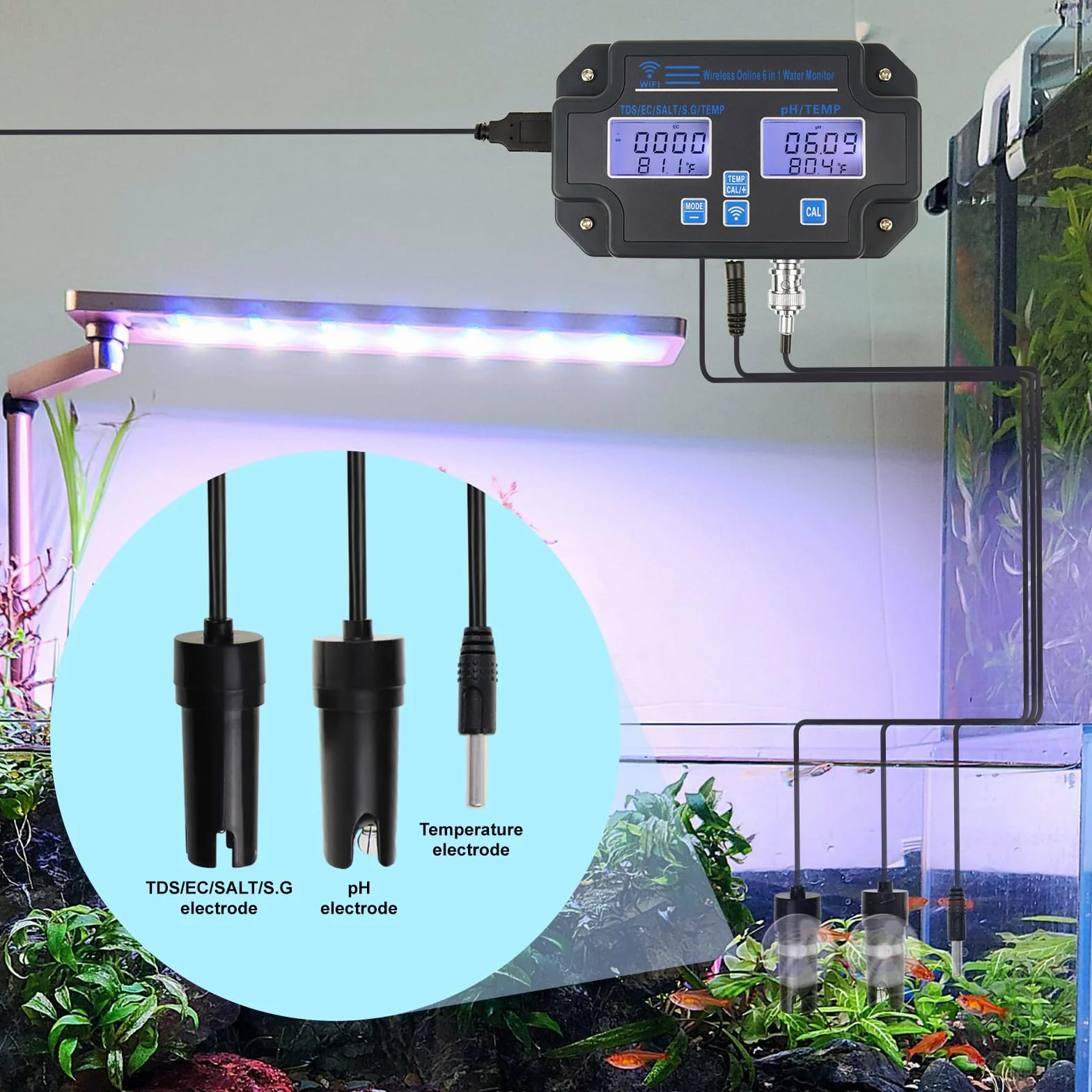 Monitor EC pH per Idroponica, Tester della Qualità dell’Acqua 6-in-1 con Wi-Fi, Misuratore di pH, Monitoraggio Continuo di pH, PPM, EC, CF, Umidità e Temp per Sistemi di Coltivazione Indoor DWC