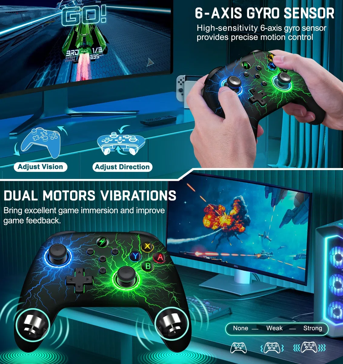 Controller per Switch Compatibile con Switch 2/Switch/Lite/OLED,Android/IOS/PC,1000mAh Controller Bluetooth con 6 Assi/Programmazione/Doppia Vibrazione/Turbo/Luce LED Regolabile/Risveglio/Screenshot