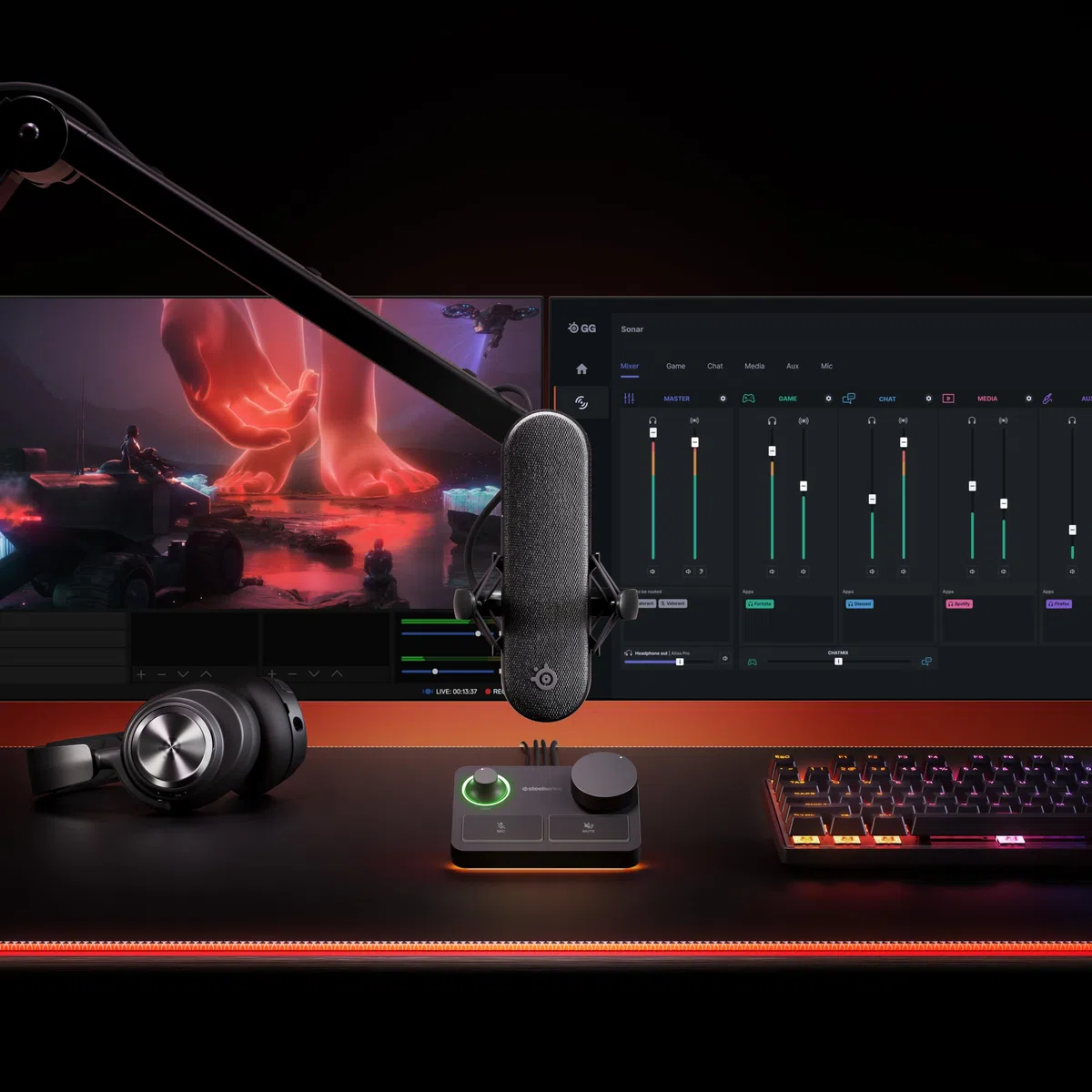 SteelSeries Alias Pro Kit - Microfono XLR + Stream Mixer - Capsula 3x più grande per il gioco, lo streaming e il podcasting - Interfaccia USB/XLR - Controlli personalizzati - RGB - PC singolo o doppio