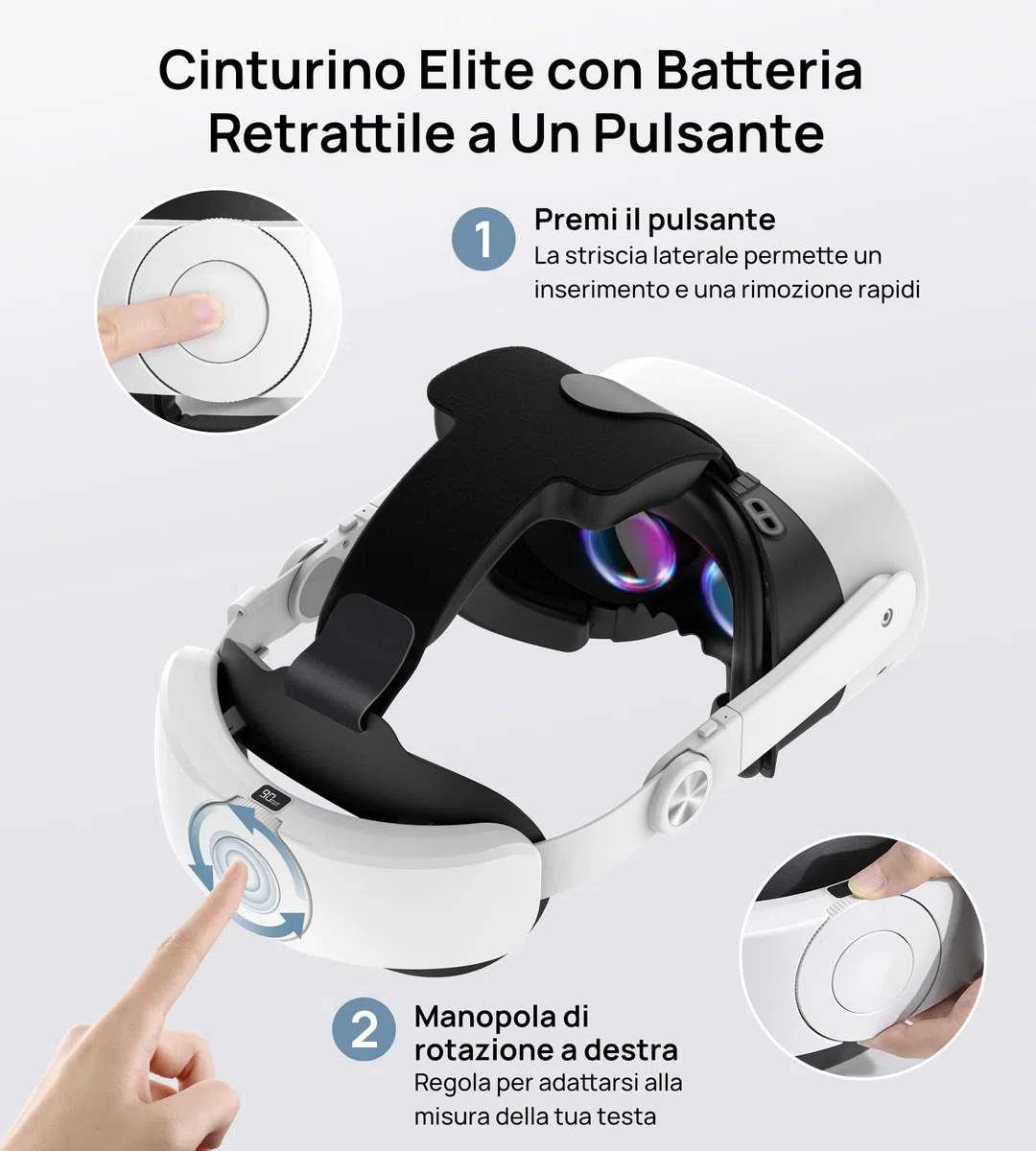 Cinturino Elite con Batteria 10000mAh per Meta Quest 3S/Quest 3/Quest 2, Regolazione Retrattile a Un Solo Pulsante