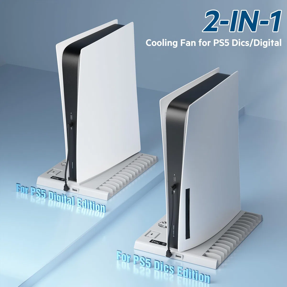 Multifunzionale Supporto Verticale USB PS5 con Ventola di Raffreddamento e Ricarica Controller, con Indicatore LED Accessori PS5 con 15 Slot di Gioco(Disco e Digitale) (Bianco)