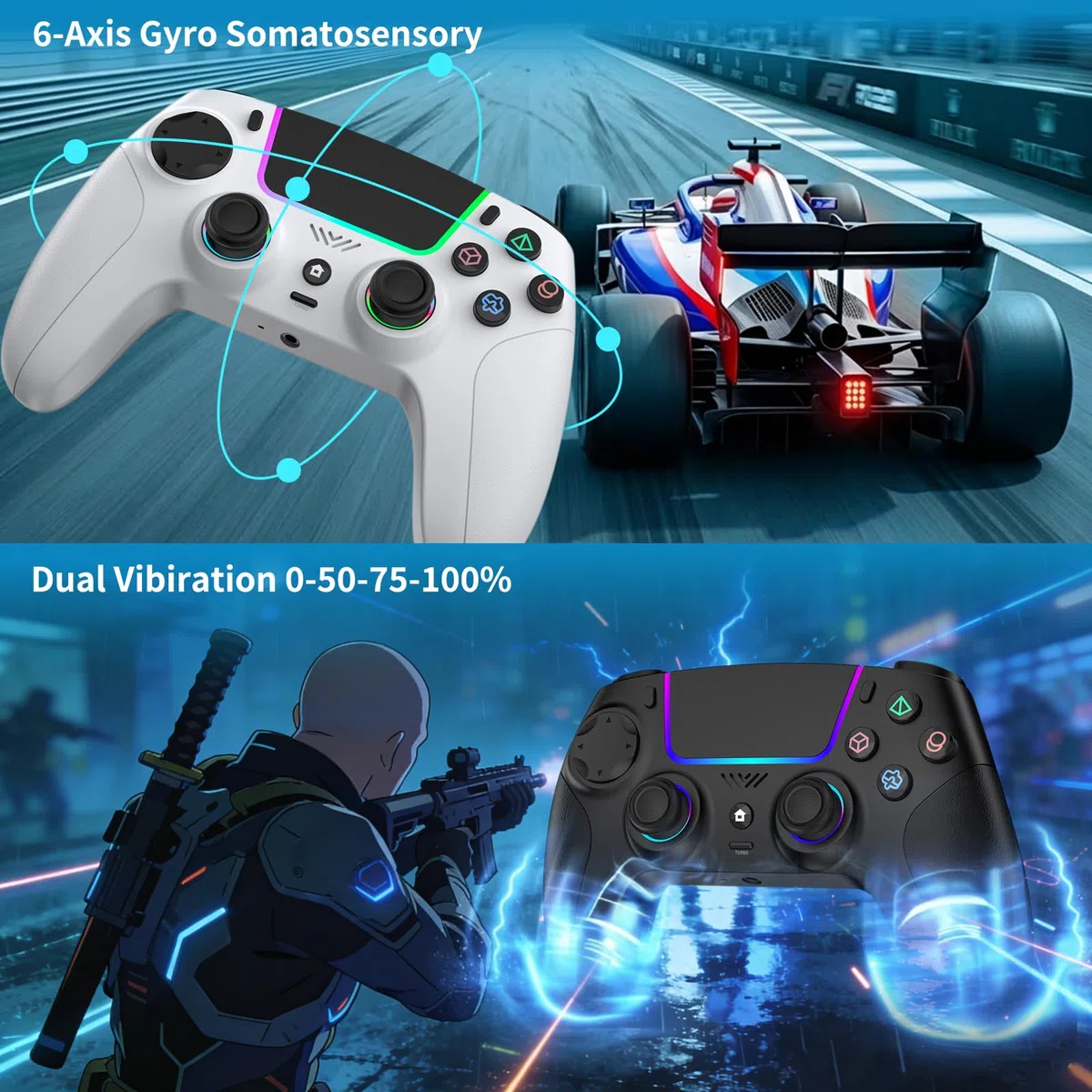 JORREP 2pcs Controller per PS4,wireless Controller joystick compatibile con PS4/PS3/Pro/Steam Deck/PC,con illuminazione RGB, doppia vibrazione, funzione Turbo,sensore di movimento, programmabile