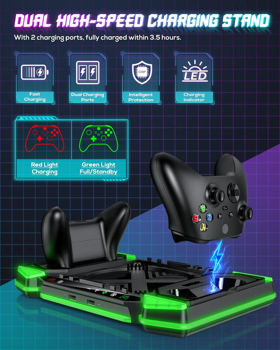 Stazione di Caricamento e Ventola di Raffreddamento per Xbox Series X con 11 Illuminazione RGB, 2x1400 mAh Batterie Ricaricabili e Supporto
