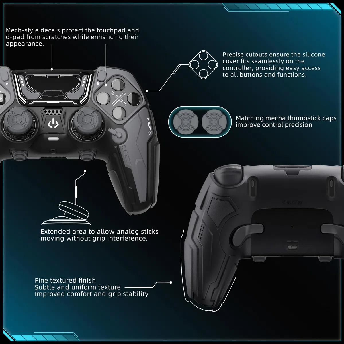 PlayVital Cover Controller per ps5 Edge Joystick, Custodia Silicone Skin Protettiva Grip Antiscivolo & Copri Analogici & Adesivi, Accessori Antiurti per ps5 Edge Controller, Mecha Stellare - Nero