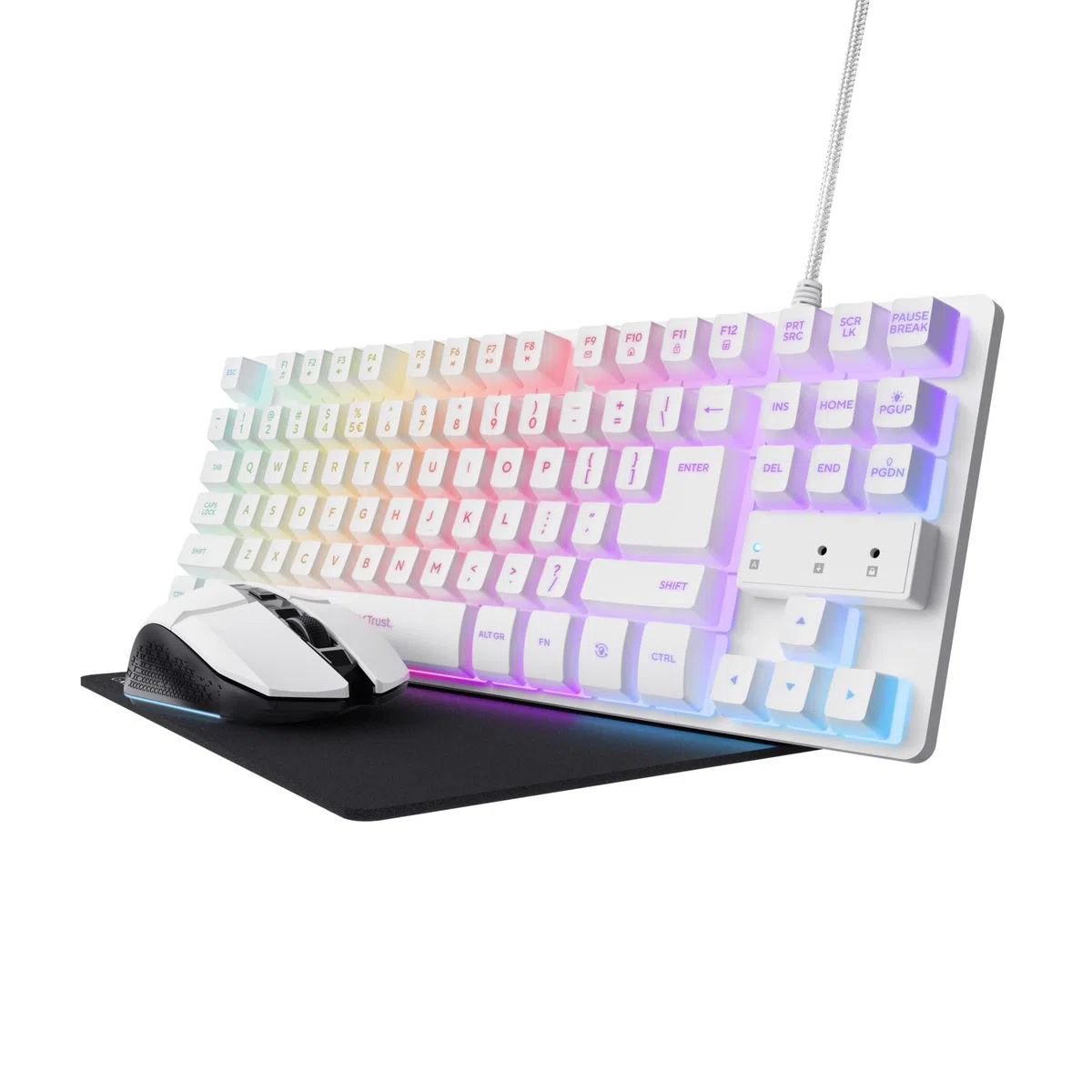 Trust Gaming GXT 794W Kit 3-in-1 Mouse e Tastiera Gaming TKL, Layout Italiano QWERTY, Tastiera Plastica Riciclata, Mouse Wireless 80 Ore di Autonomia, Tappetino, Bundle Pacchetto Gamer RGB PC, Bianco