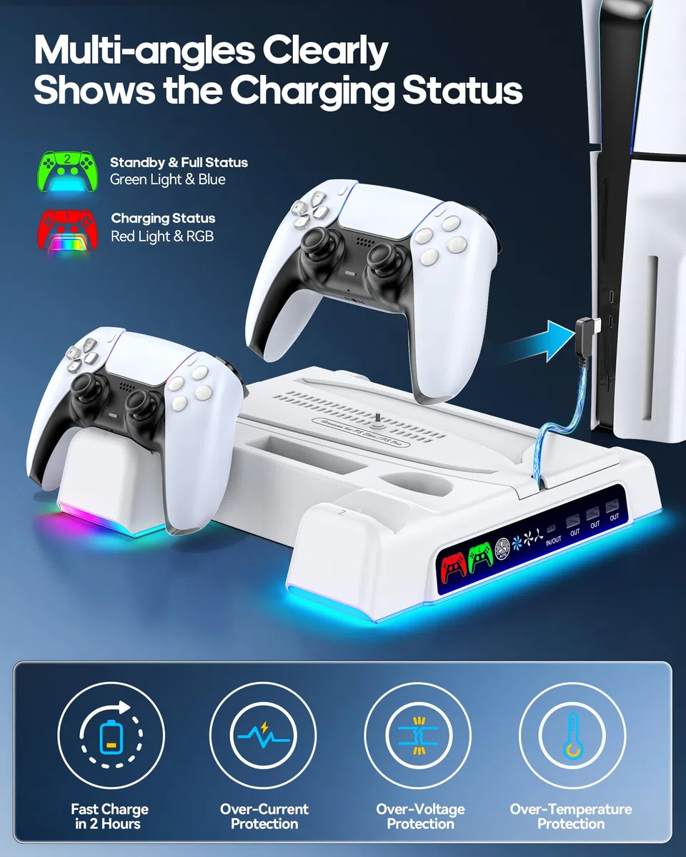 Kytok Supporto per PS5/Slim/Pro con Raffreddamento PS5, Ventola P5 con Indicatore LED & Caricatore Playstation 5, Accessori PS5 con Ventola di Raffreddamento a 3 Livelli