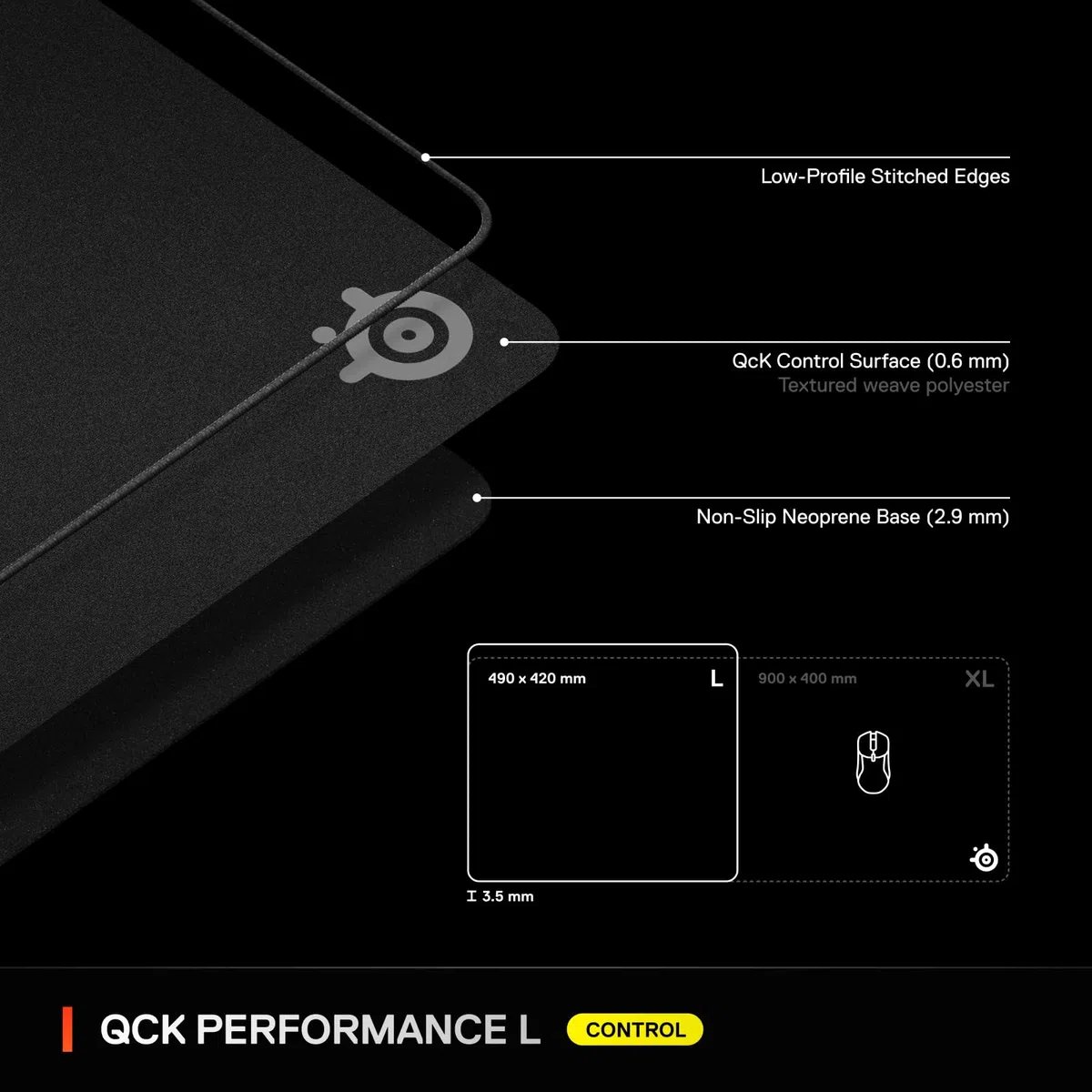 SteelSeries QcK L Performance Control Tappetino per mouse da gioco, densità extra per una scorrevolezza fluida, cuciture a basso profilo, base in gomma neoprene antiscivolo, 42 x 49 cm, FPS, MOBA,