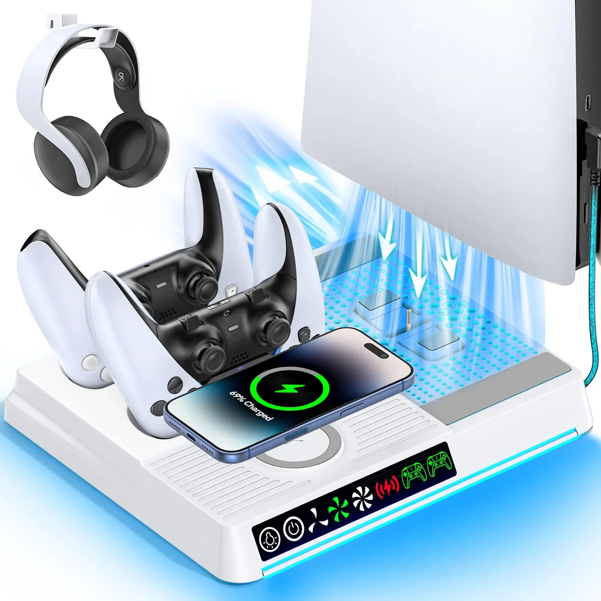 Supporto di Raffreddamento per PS5/Slim/Pro, Caricatore Controller PS5 con Caricatore Wireless, Supporto PS5 con Ventola PS5 a 3 Velocità & 9 Illuminazione RGB, Accessori di PS 5 con Gancio per Cuffie