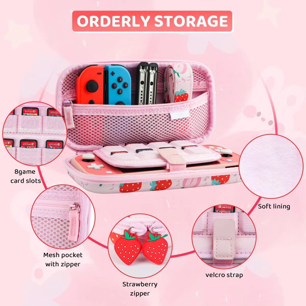 RHOTALL Custodia per Nintendo Switch Lite, graziosa custodia per Switch Lite con guscio protettivo in TPU, tracolla regolabile, protezione schermo e 2 tappi per pollice, fragola