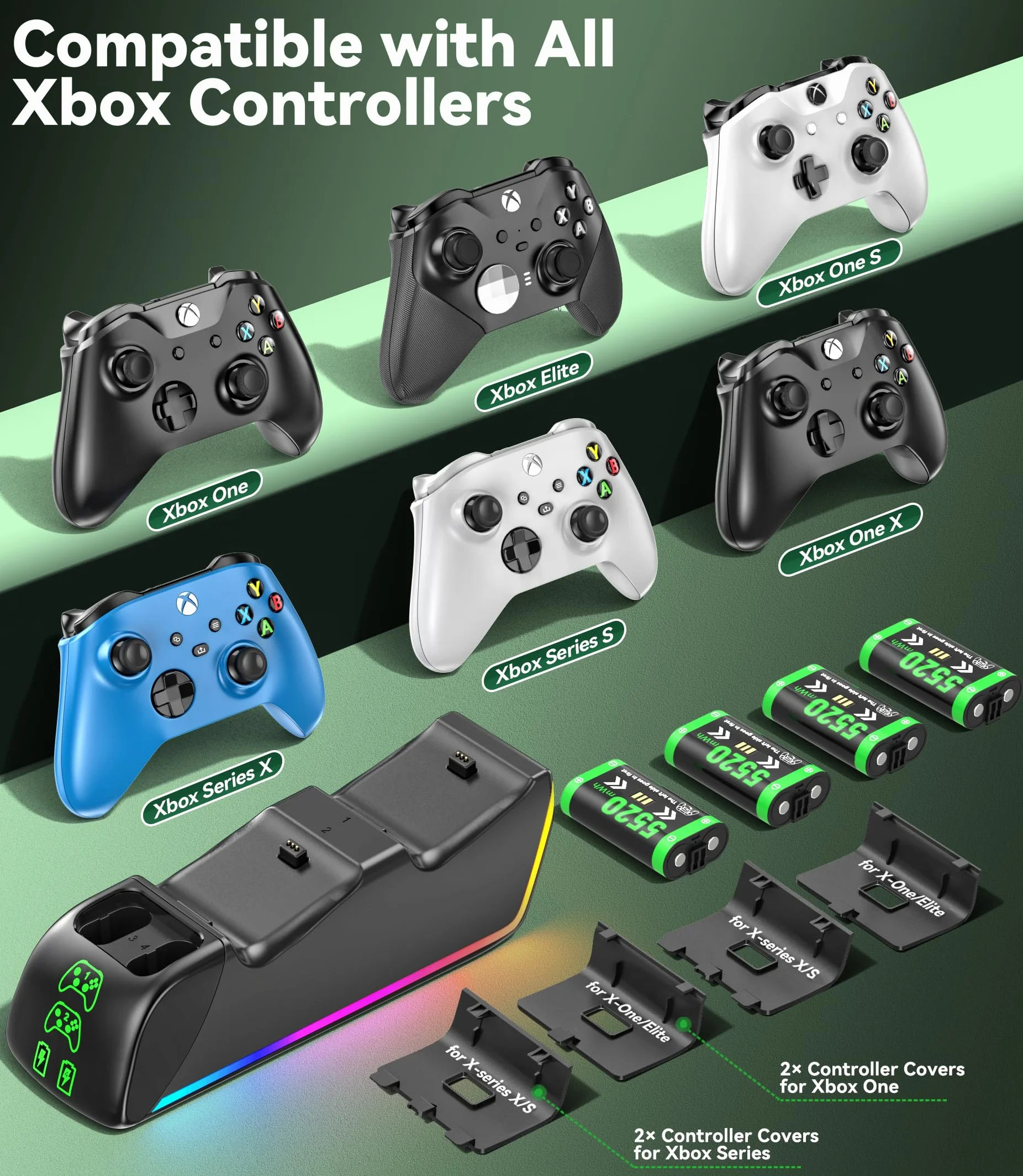 Stazione di Ricarica per Controller Xbox con 4x5520mWh Batterie per Series/One X|S, Caricatore RGB